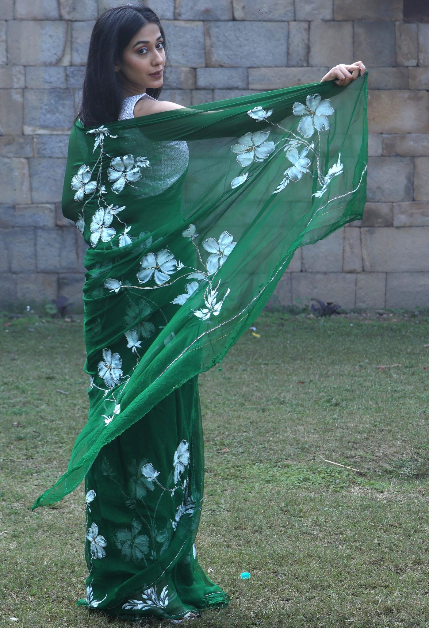Lush Green Hand Painted Embellished Saree