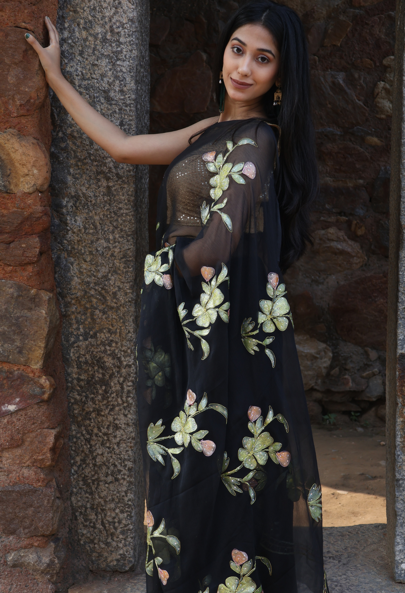 Shadow Black Hand Painted Chiffon Saree