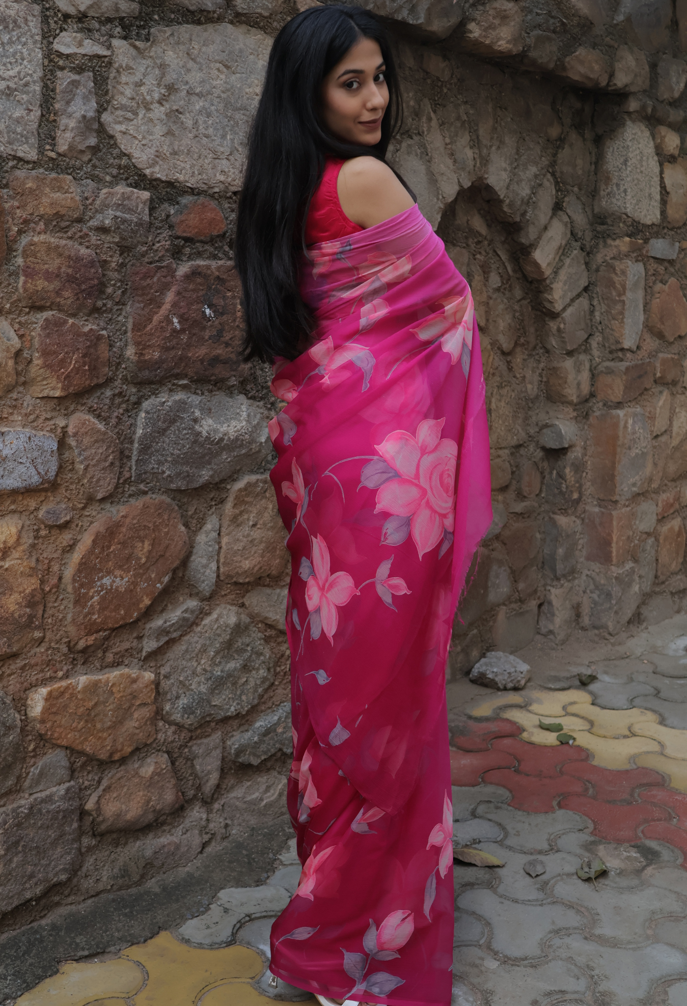 Thunder Black Floral Printed Chiffon Saree