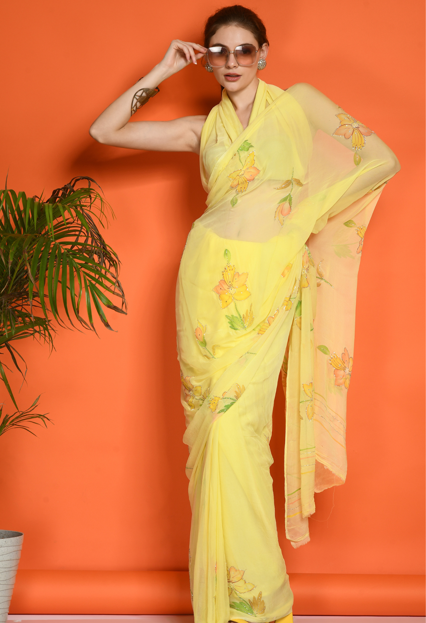 Daffodil Hand Painted Pure Chiffon Saree
