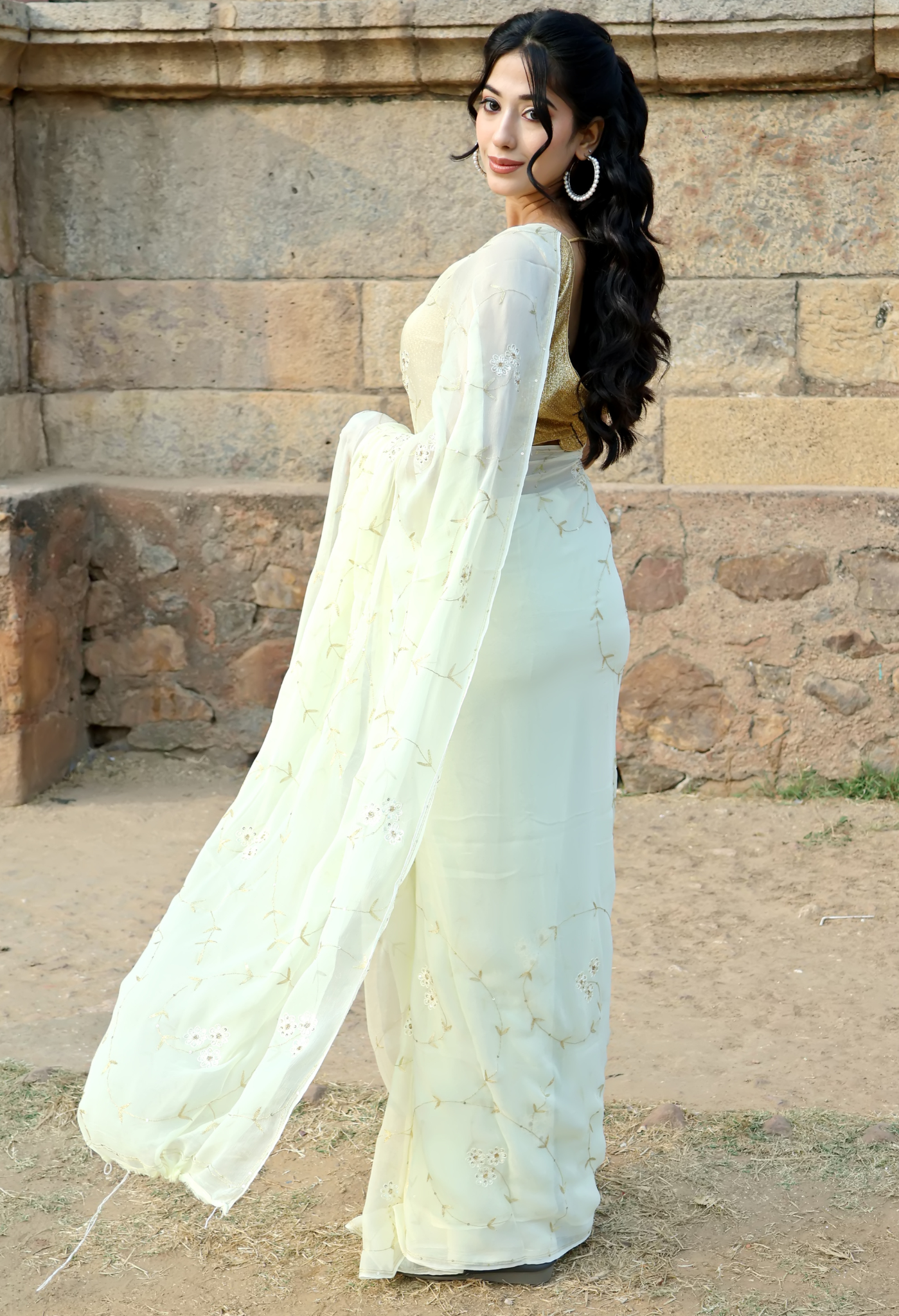 Elegant chiffon saree styled as festive wear, daily wear saree, and party wear saree, a versatile trousseau saree for weddings.