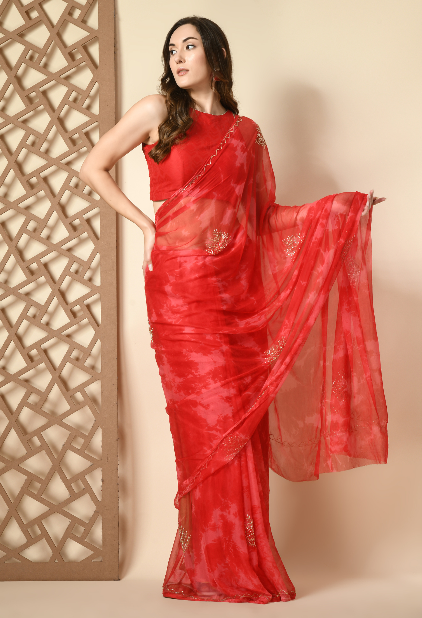 Elegant Love Rose Embellished chiffon leheriya saree for festive wear, trousseau saree, or farewell saree for timeless pre-wedding collection looks.