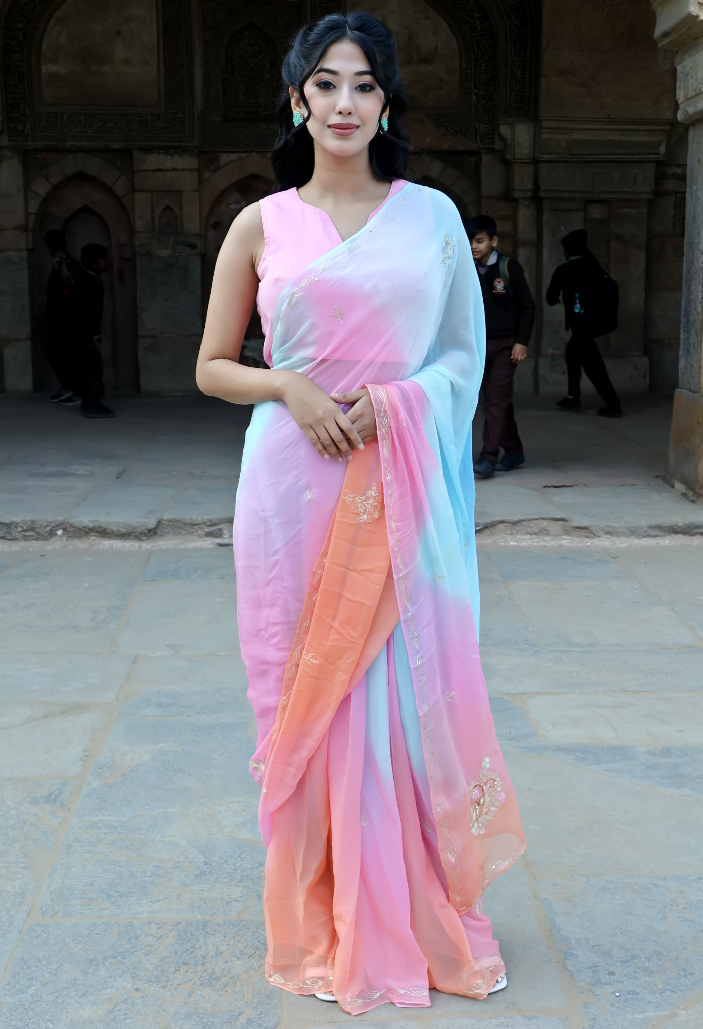Alice Blue Hue Embroidered Pure Chiffon Saree