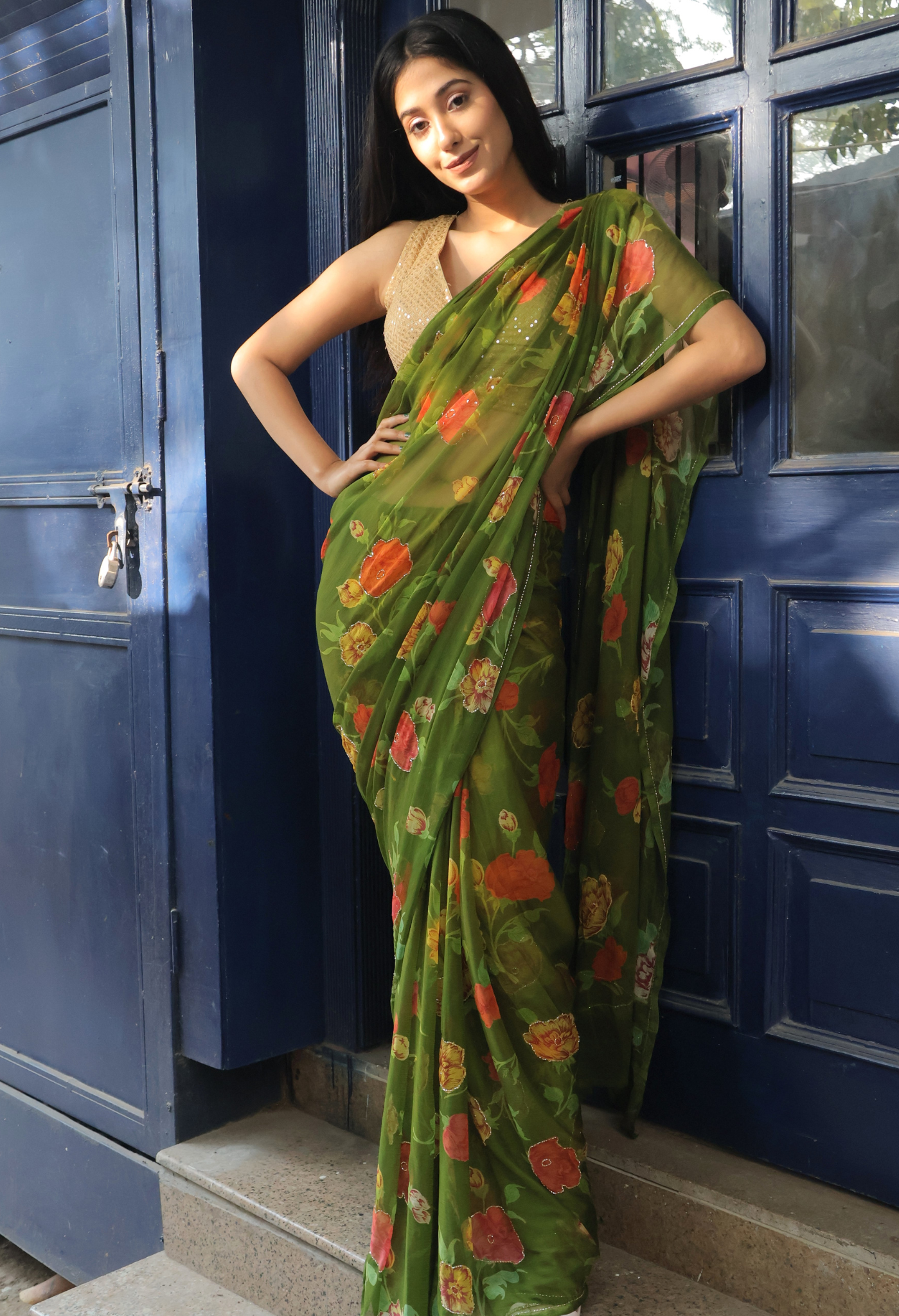 Avacado Green Floral chiffon leheriya saree for festive wear, trousseau saree, or farewell saree for timeless pre-wedding collection looks.