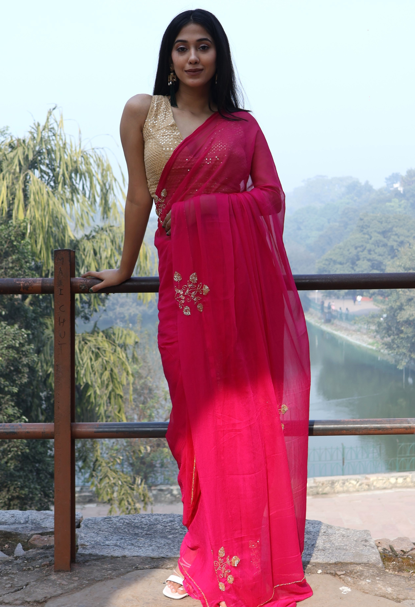 Elegant Hot Pink Embellished chiffon leheriya saree for festive wear, trousseau saree, or farewell saree for timeless pre-wedding collection looks.