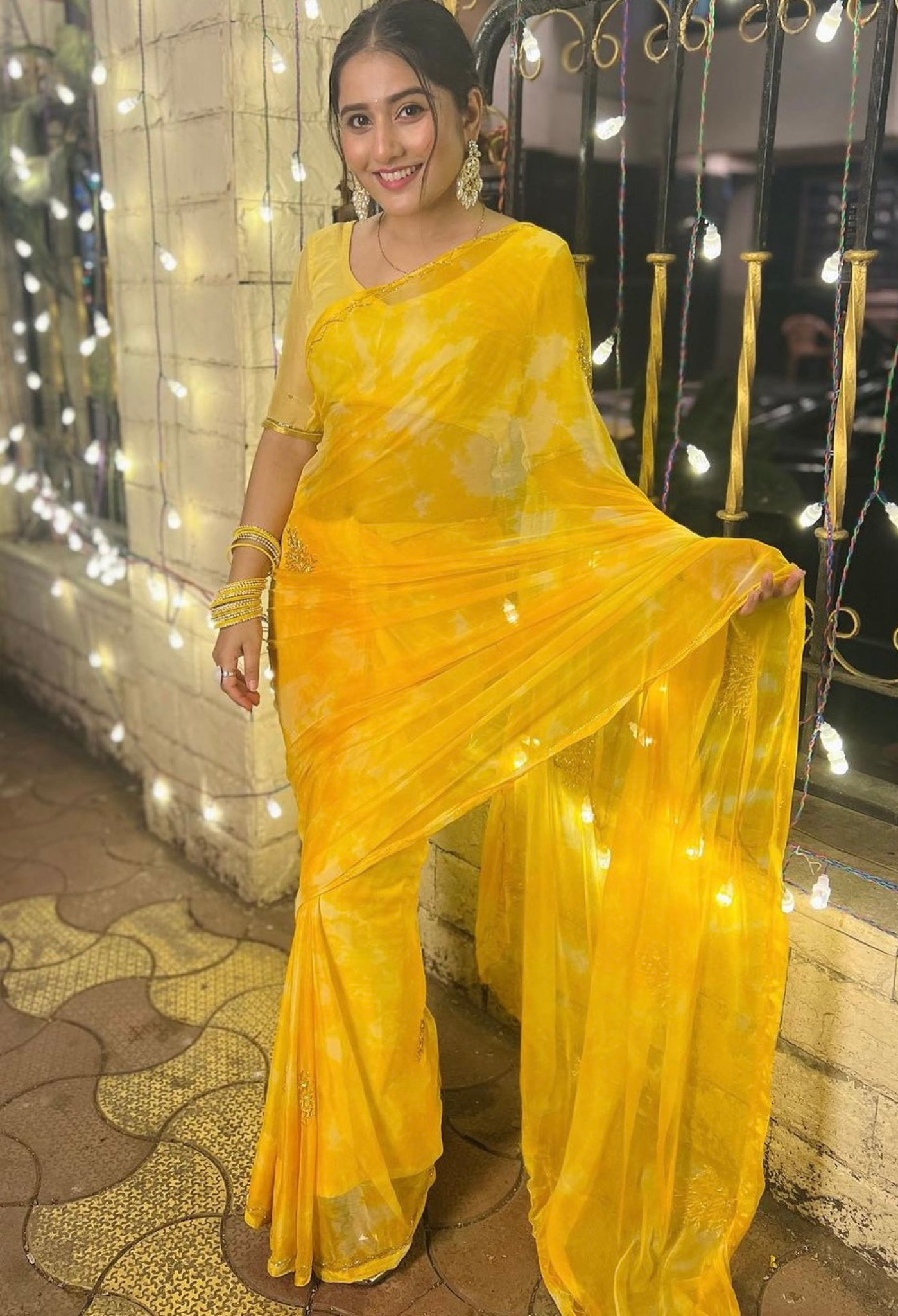 Elegant Golden Yellow chiffon leheriya saree crafted for festive wear, farewell saree, and trousseau saree styling in pre-wedding collection.