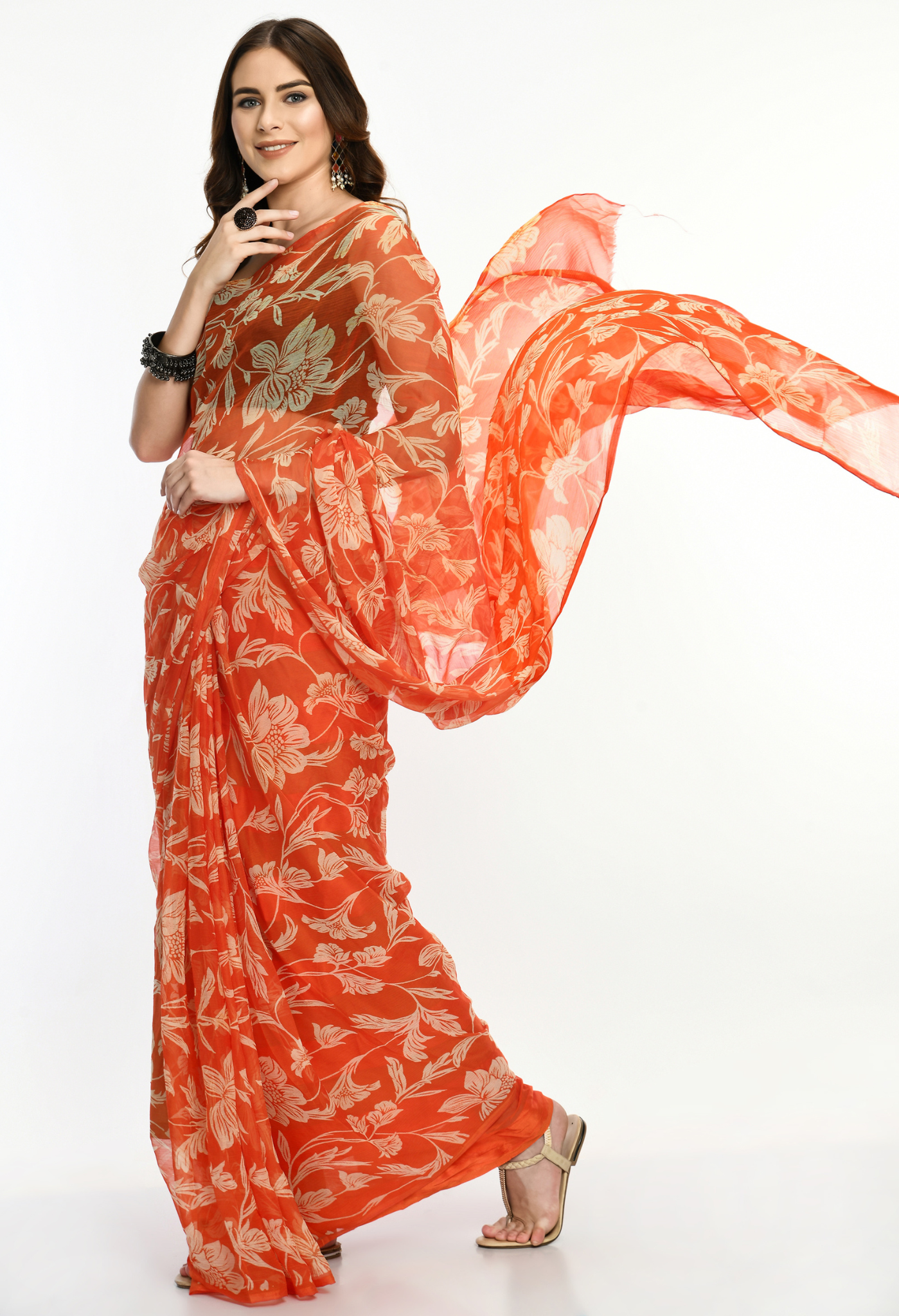 Charmacy Printed Orange Chiffon Saree