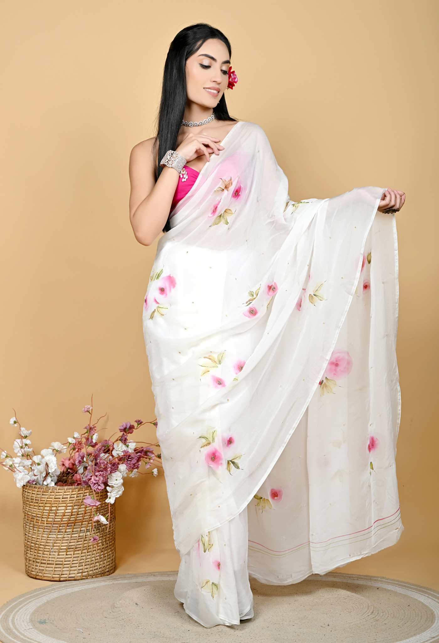 Cheeky Rose Hand Painted chiffon leheriya saree for festive wear, trousseau saree, or farewell saree for timeless pre-wedding collection looks.