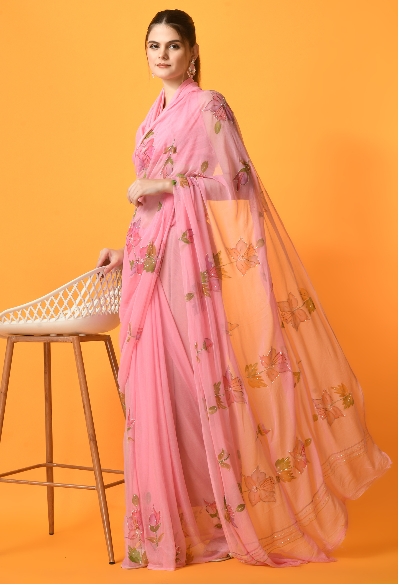 Bubble Gum Floral Hand Painted Chiffon Saree with Cut dana work