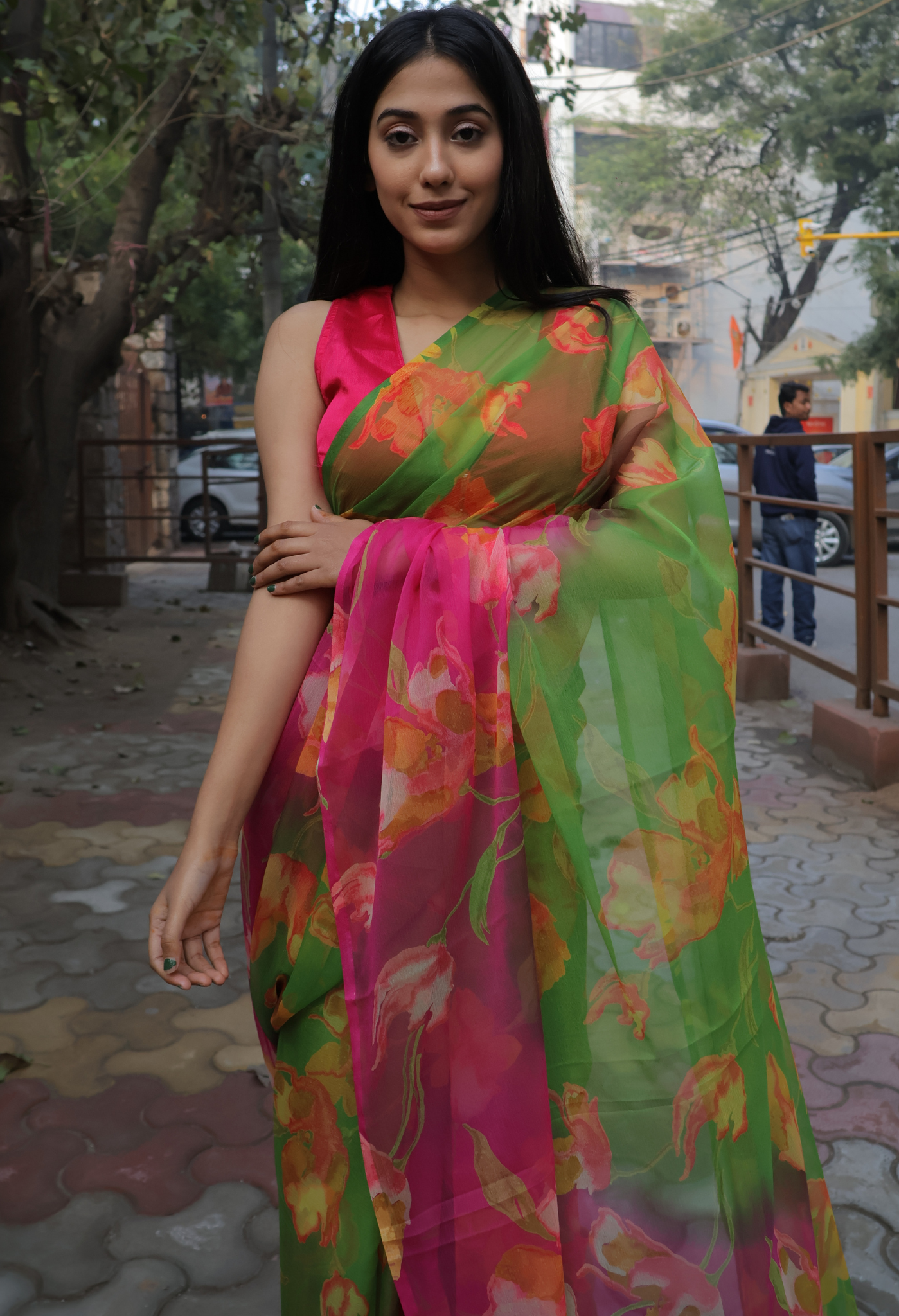Lime Candy Floral Printed Chiffon Saree
