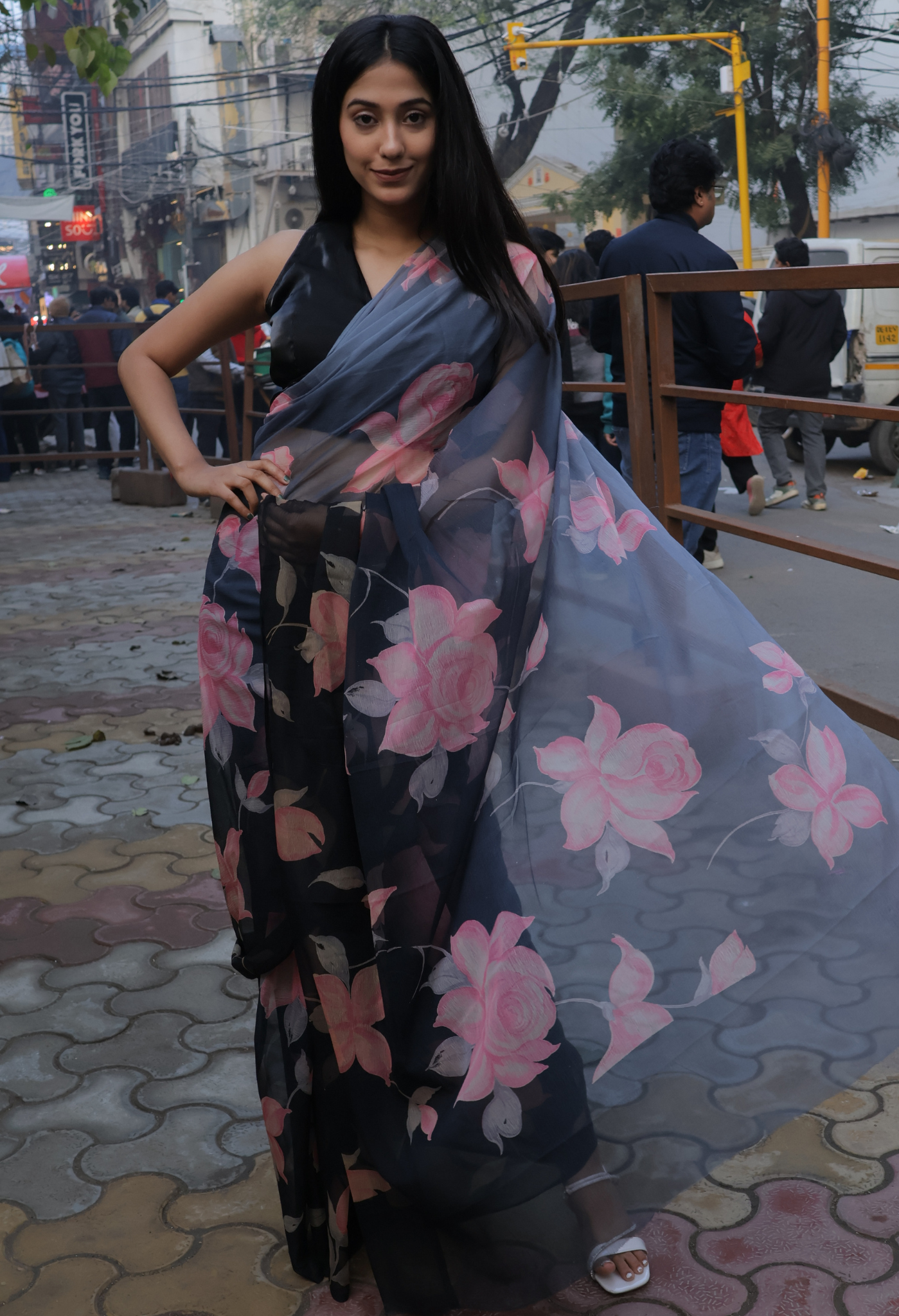 Thunder Black Floral Printed Chiffon Saree