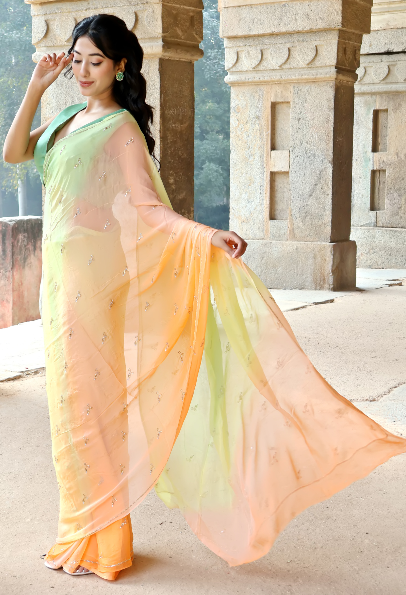 Apple Green Orange Hue Embellished Pure Chiffon Saree