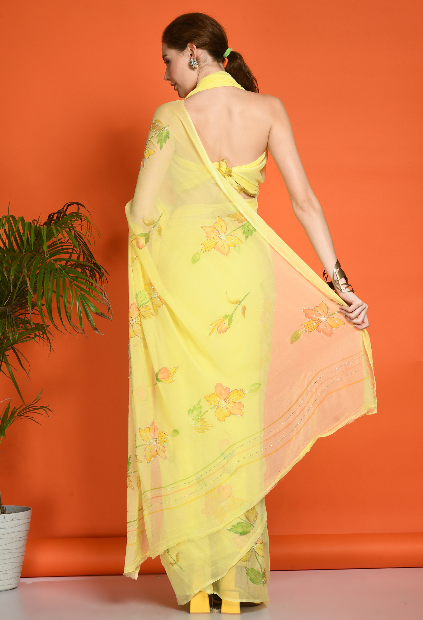 Daffodil Hand Painted Pure Chiffon Saree