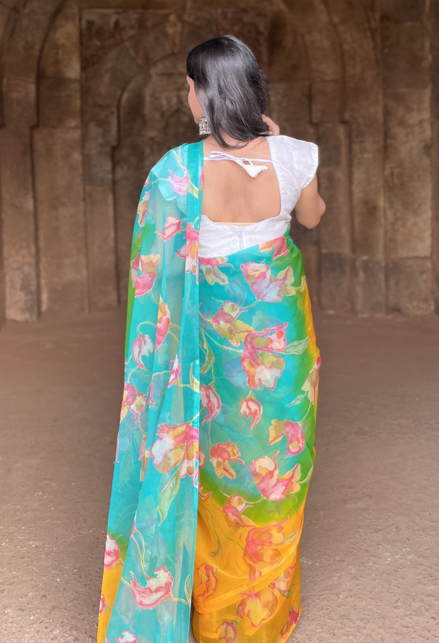 Amber Green Floral Printed Chiffon Saree