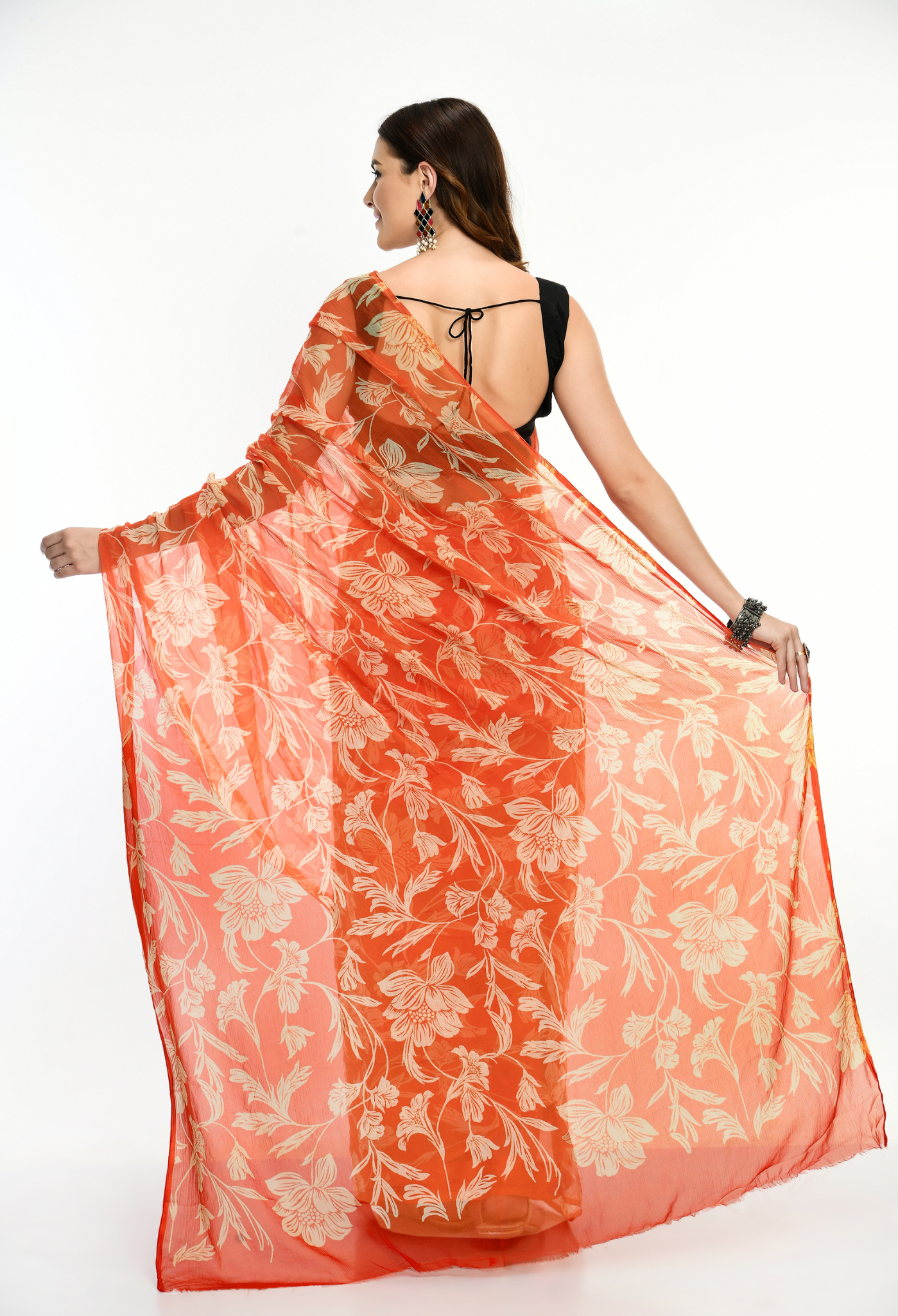 Charmacy Printed Orange Chiffon Saree