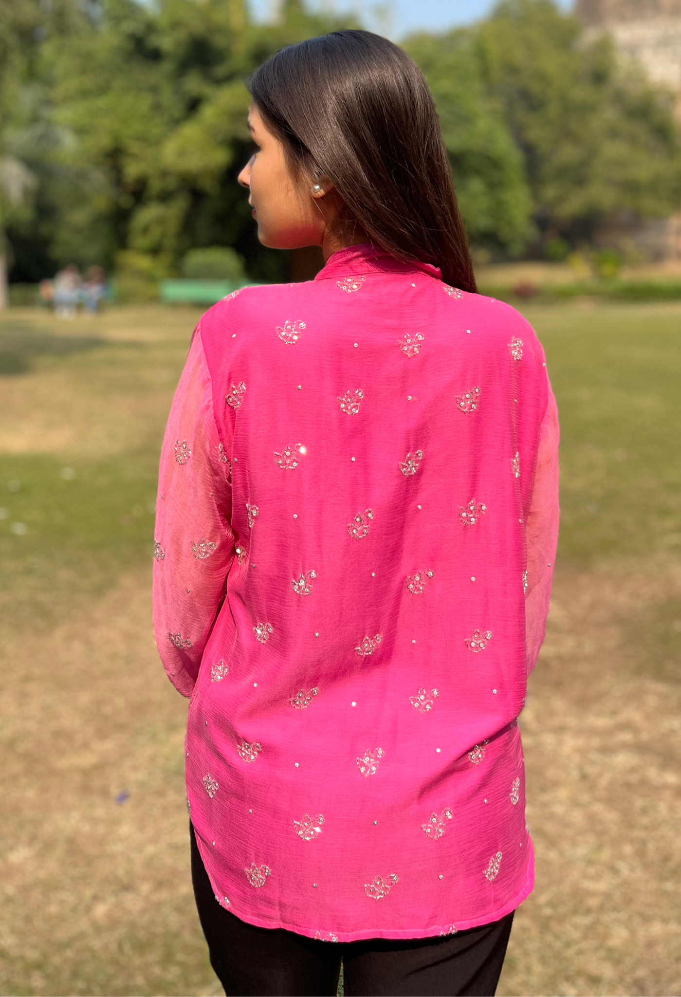 Hot Pink Chiffon Embellished Bow Shirt