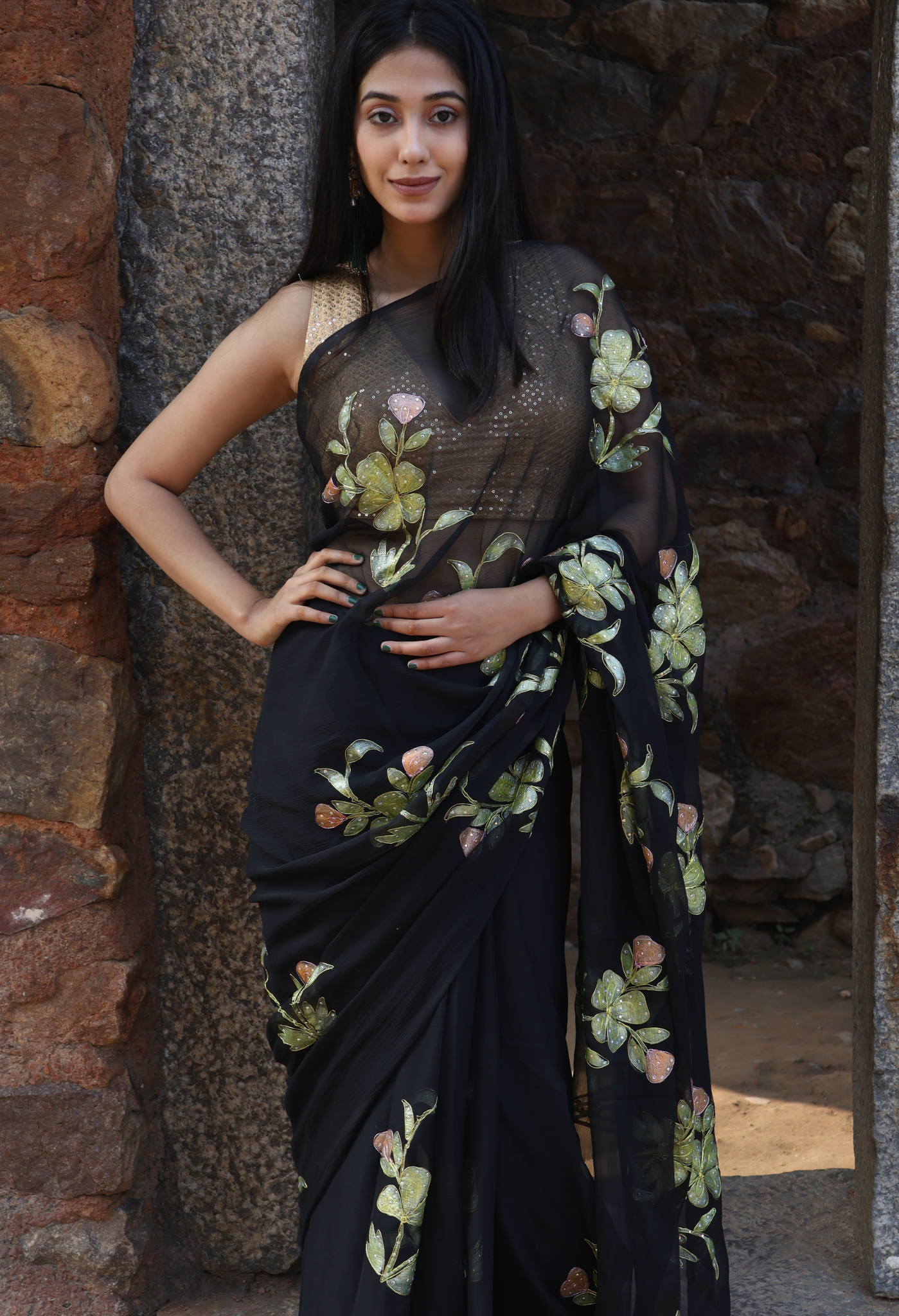 Shadow Black Hand Painted Chiffon Saree