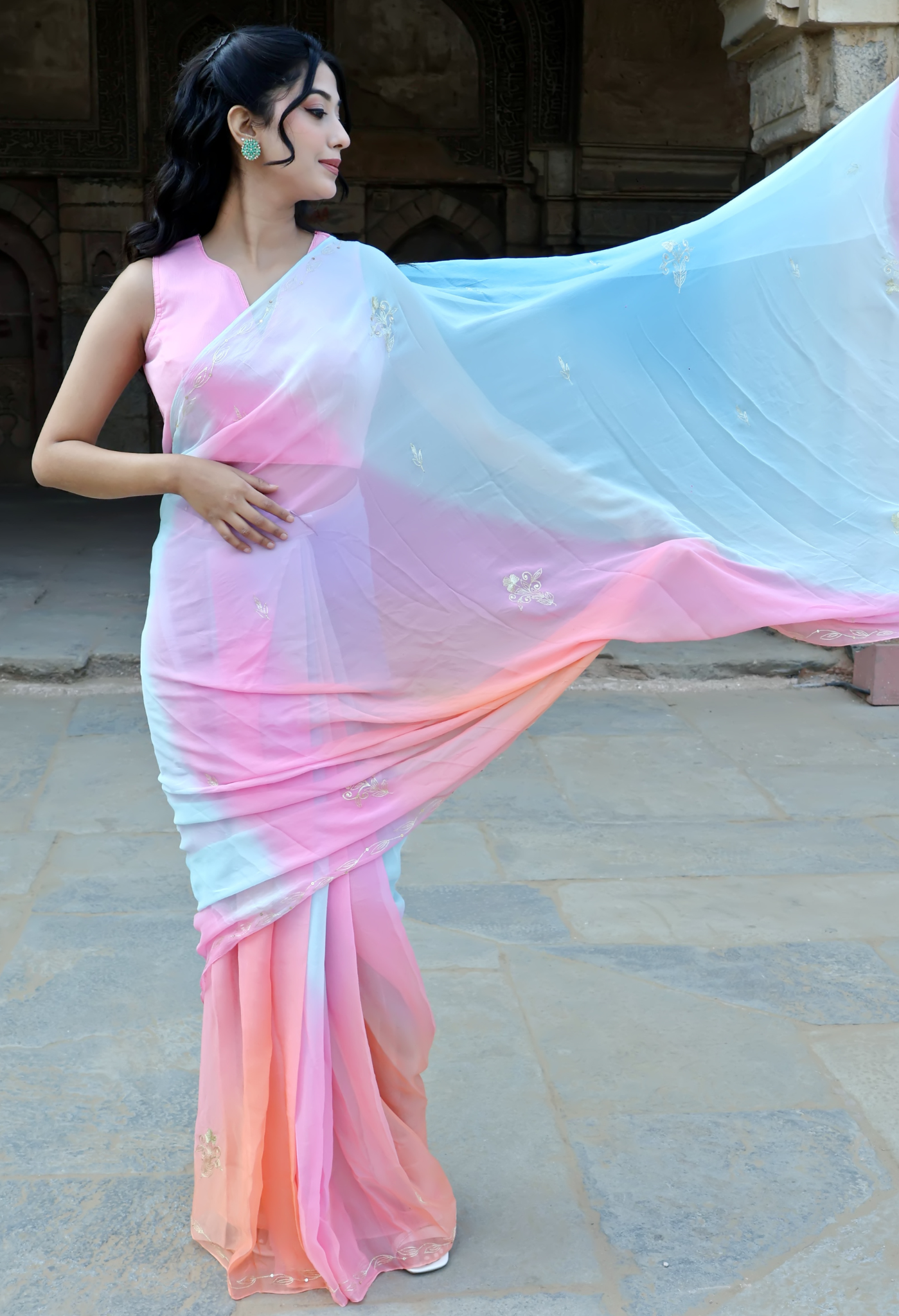 Alice Blue Hue Embroidered Pure Chiffon Saree