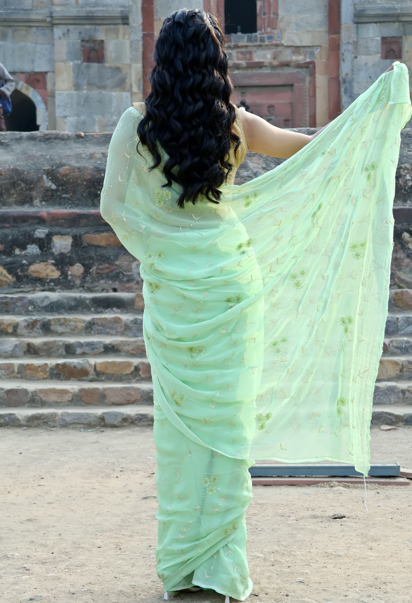 Green Pearl Gold Embroidered Pure Chiffon chiffon saree styled as festive wear, daily wear saree, and party wear saree, a versatile trousseau saree for weddings.
