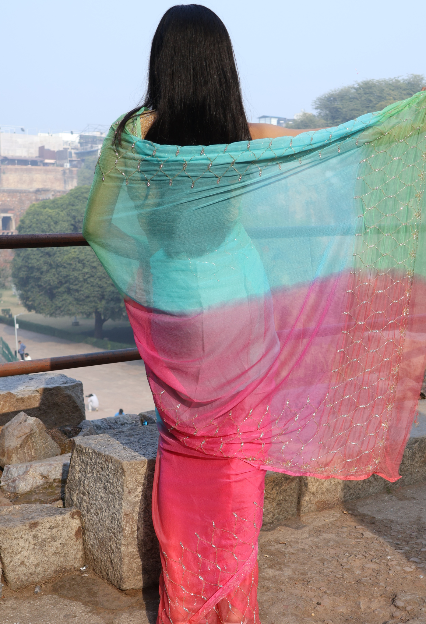 Alia Inspired Tie & Dye chiffon leheriya saree for festive wear, trousseau saree, or farewell saree for timeless pre-wedding collection looks.