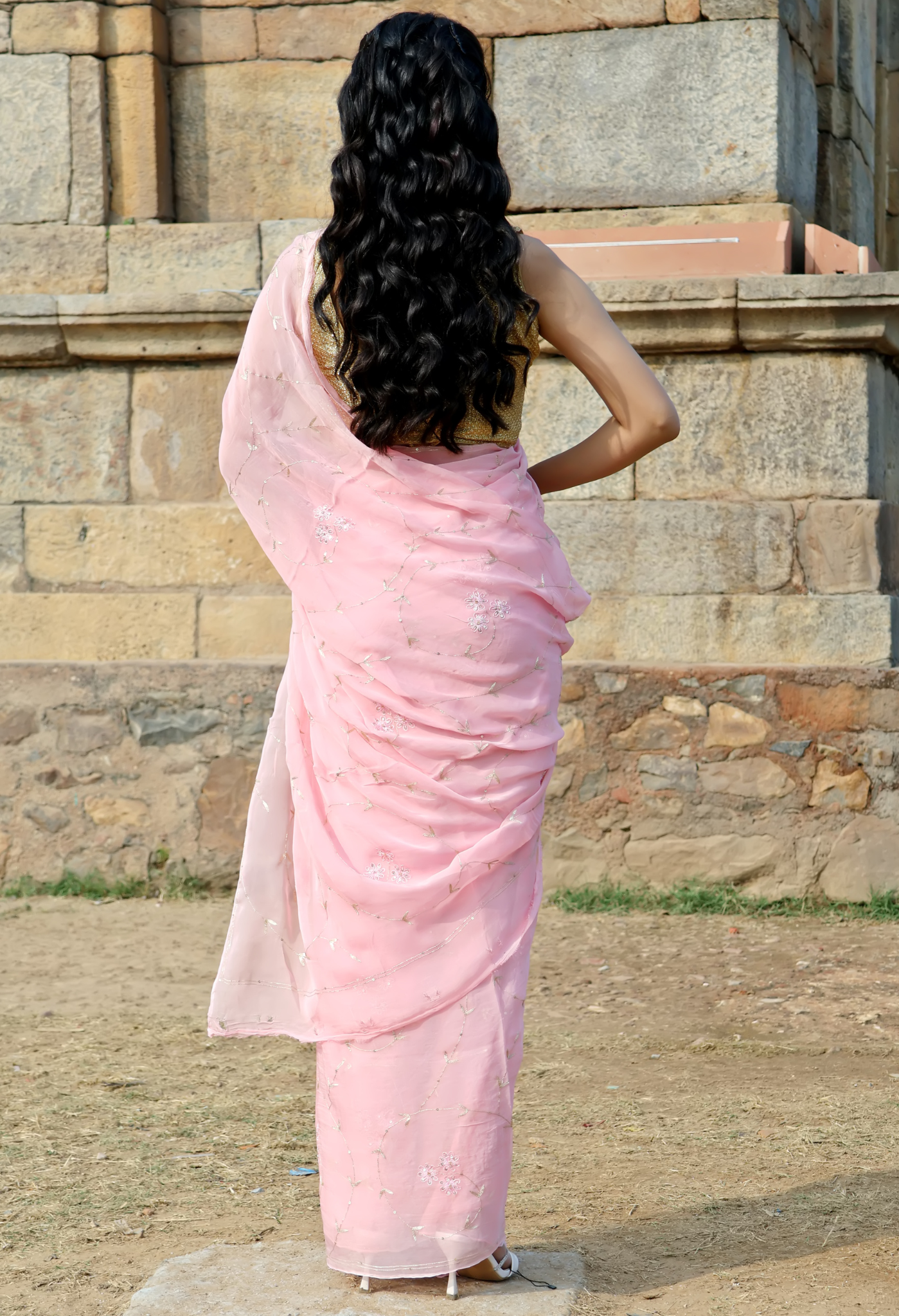 Pink Pearl Gold Embroidered Pure Elegant chiffon saree styled as festive wear, daily wear saree, and party wear saree.
