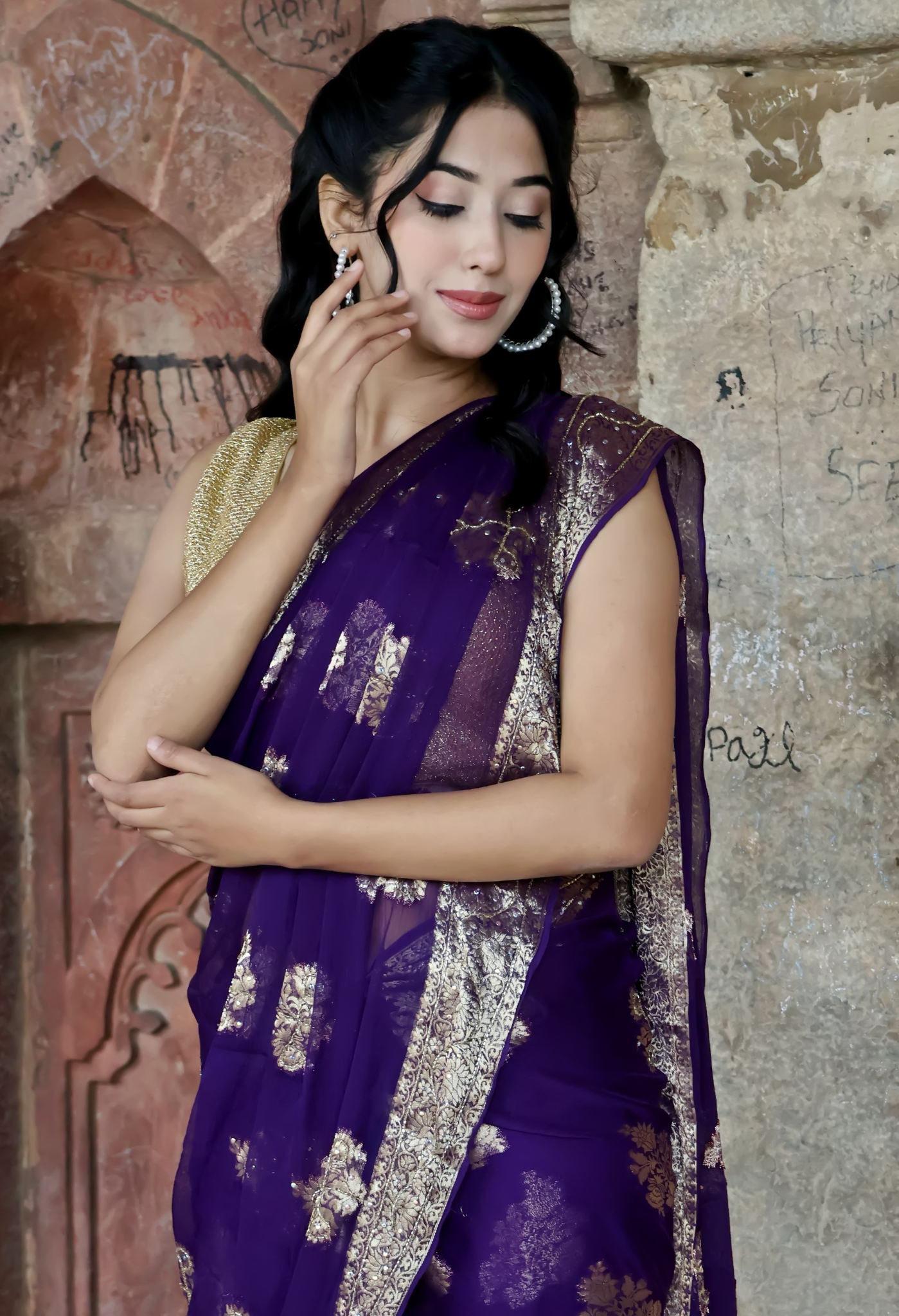 Elegant Dark Purple Banarasi chiffon leheriya saree for festive wear, trousseau saree, or farewell saree for timeless pre-wedding collection looks.