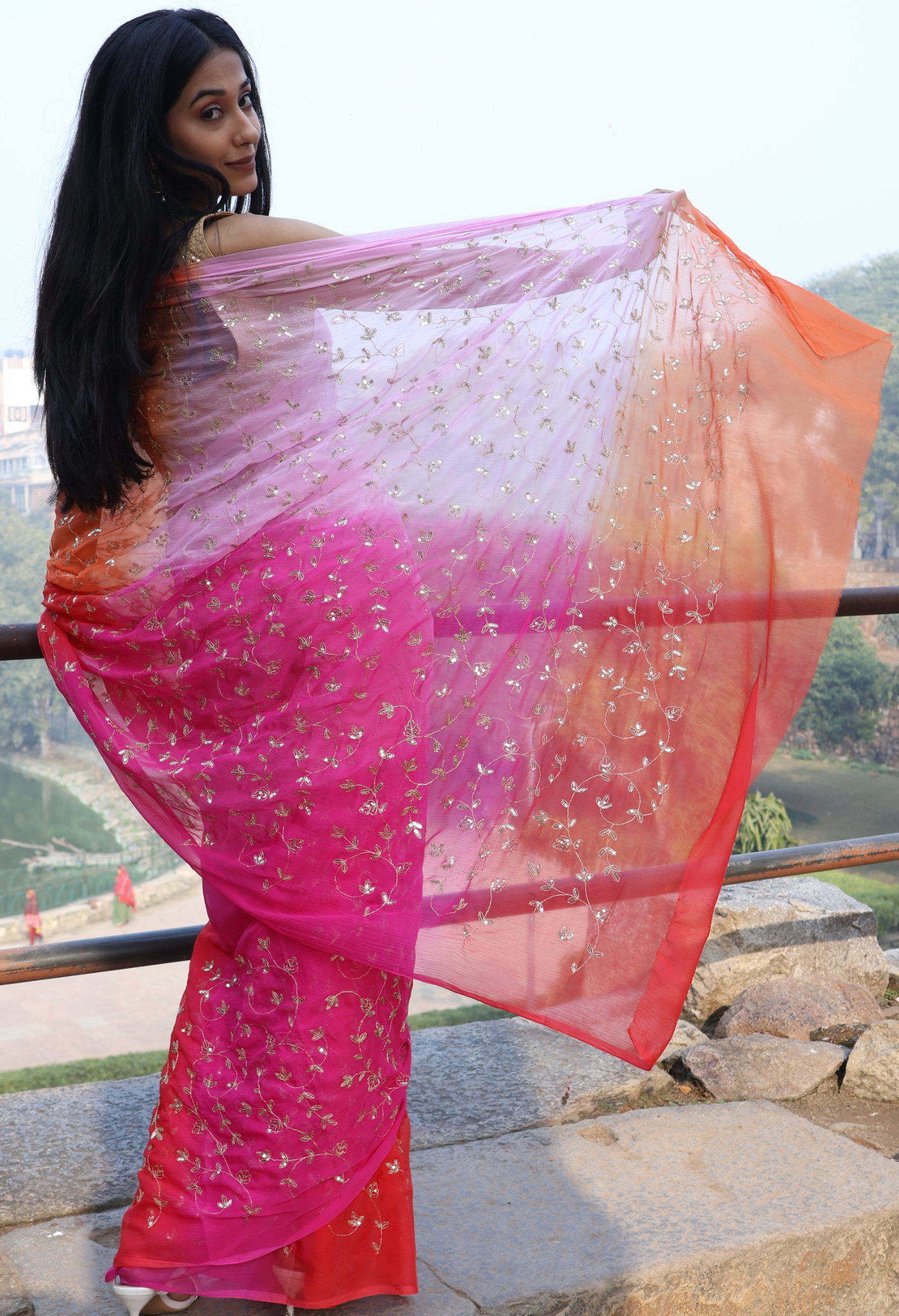 Creamy Rose Sequin Multi Hue chiffon saree styled as festive wear, daily wear saree, and party wear saree, a versatile trousseau saree for weddings.