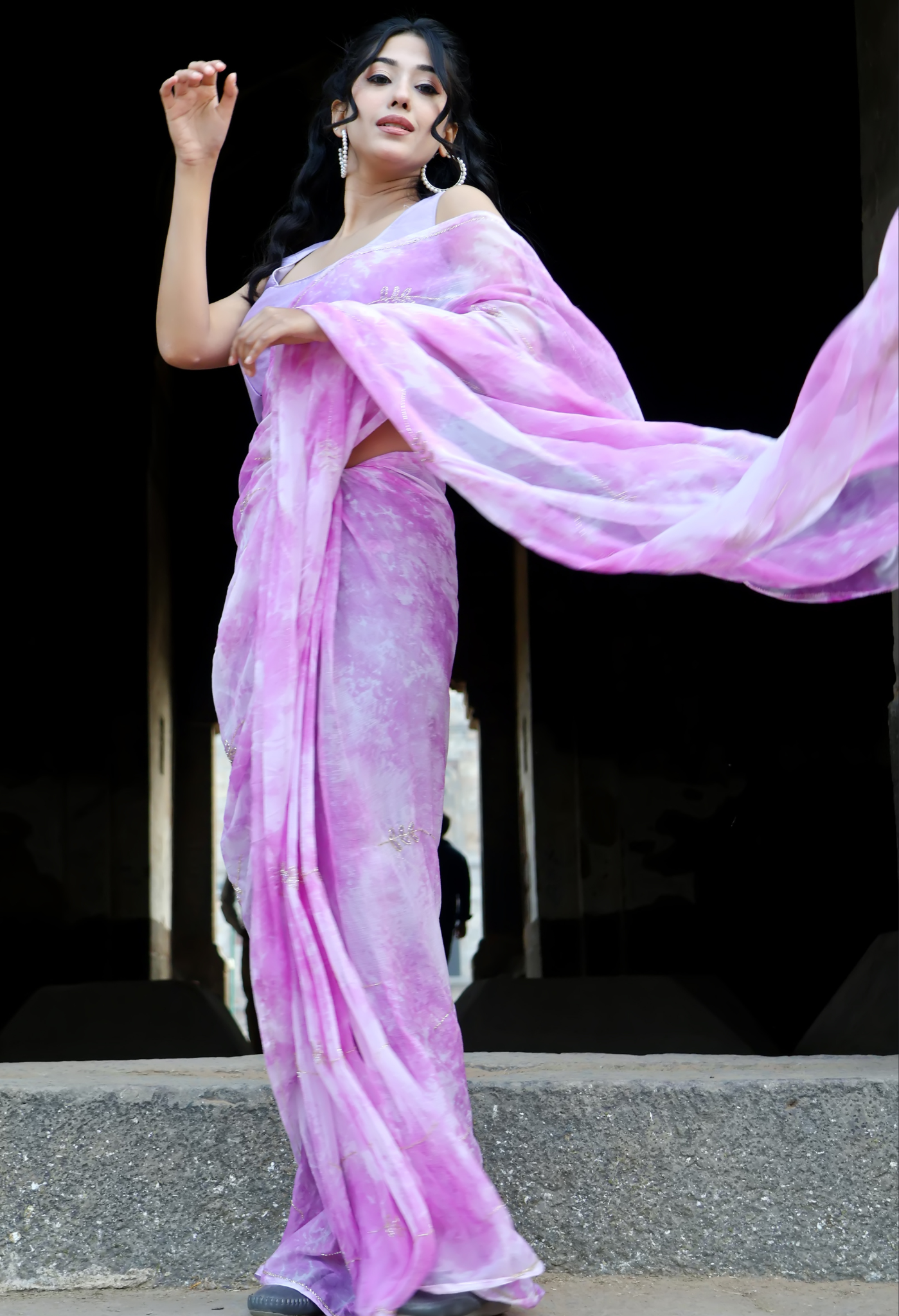 Rosey Lavender Embellished chiffon saree styled as festive wear, daily wear saree, and party wear saree, a versatile trousseau saree for weddings.