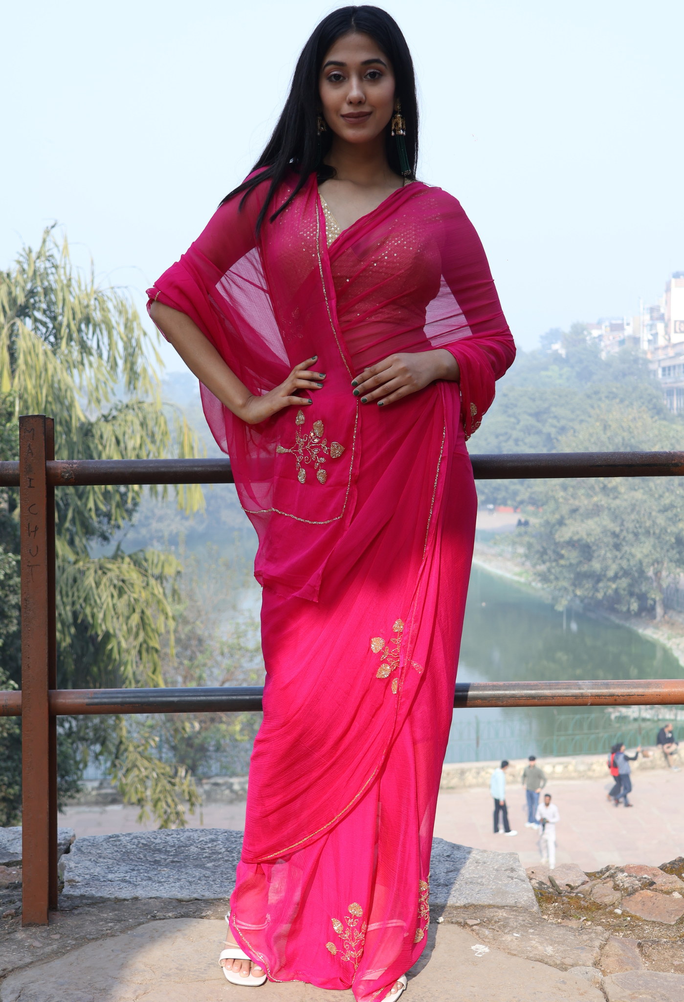 Elegant Hot Pink Embellished chiffon leheriya saree for festive wear, trousseau saree, or farewell saree for timeless pre-wedding collection looks.