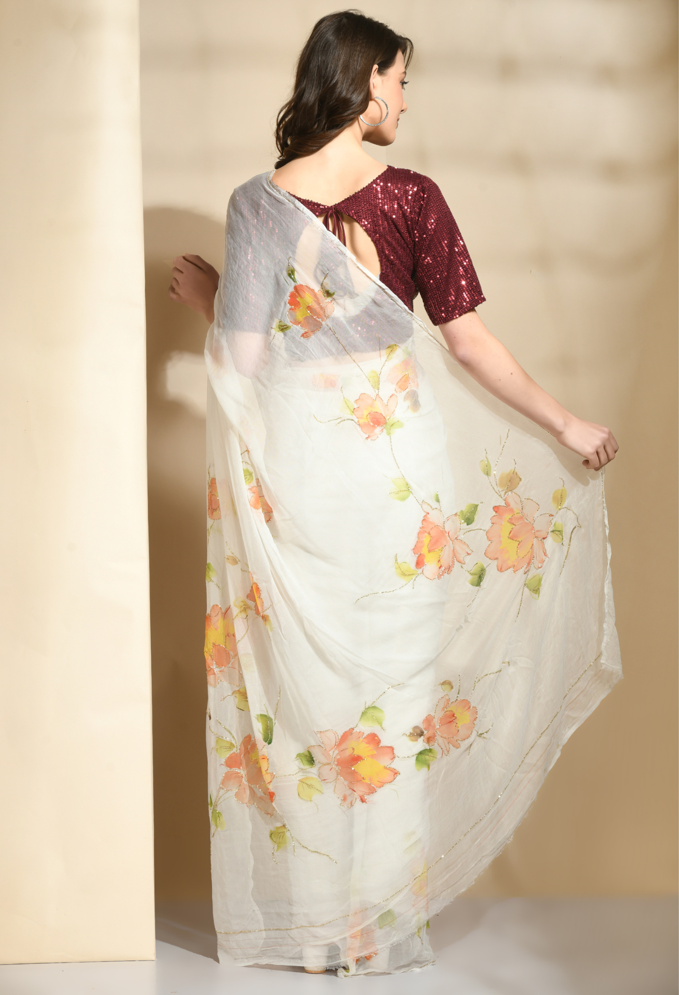 Peony Floral Hand Painted Organza saree for festive wear, trousseau saree, or farewell saree for timeless pre-wedding collection looks.