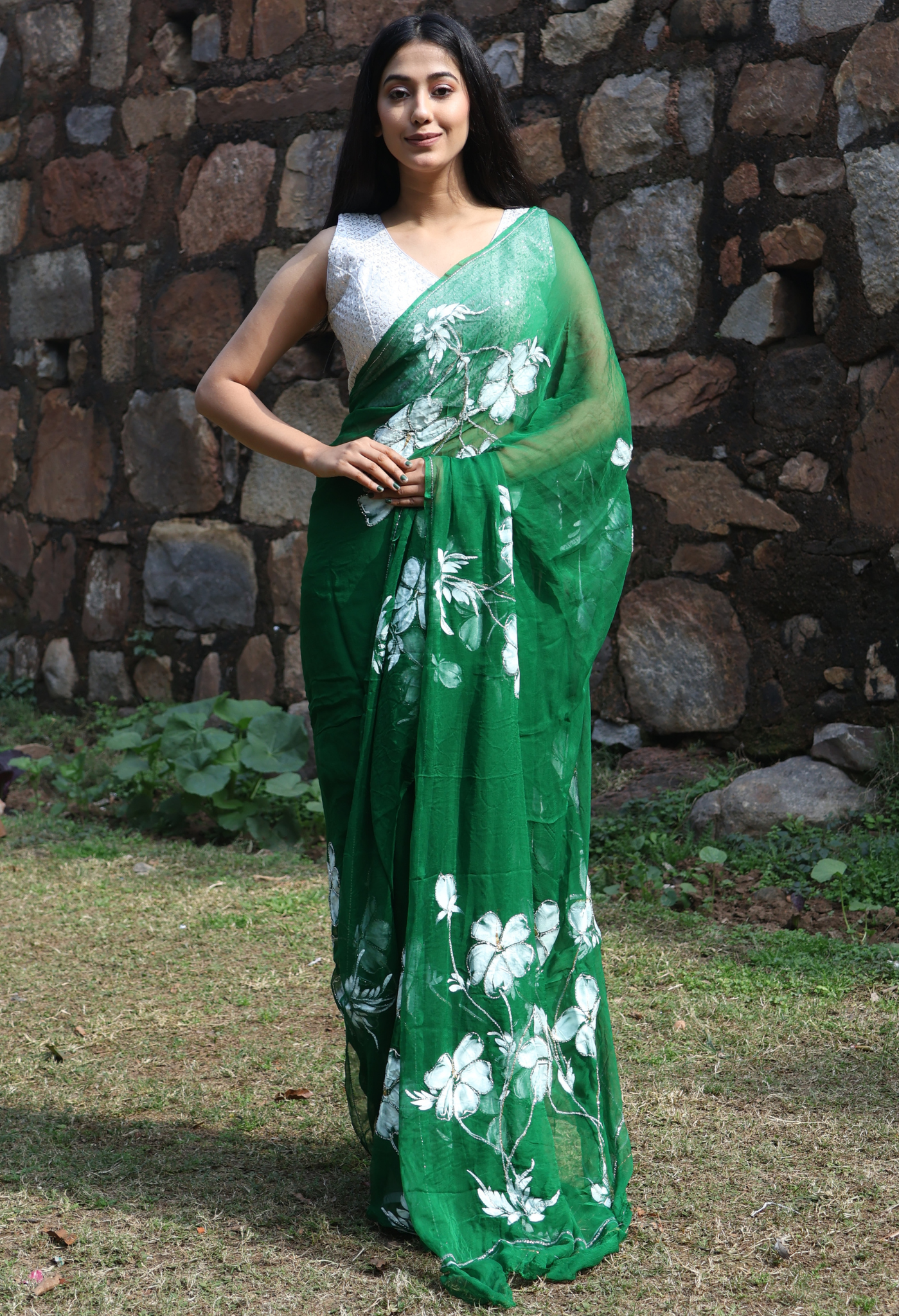Lush Green Hand Painted Embellished Saree