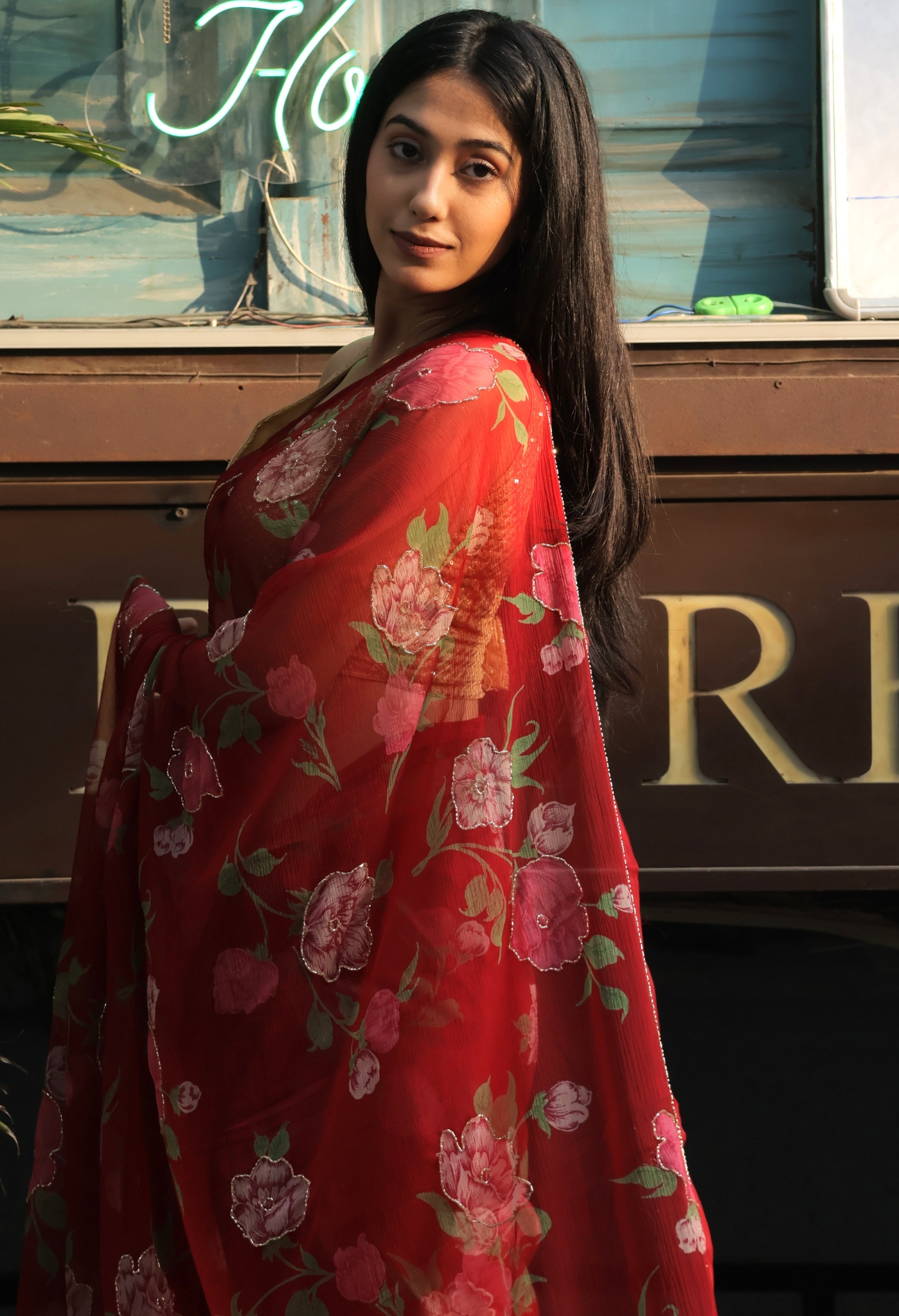 Royal Maroon Floral chiffon leheriya saree for festive wear, trousseau saree, or farewell saree for timeless pre-wedding collection looks.