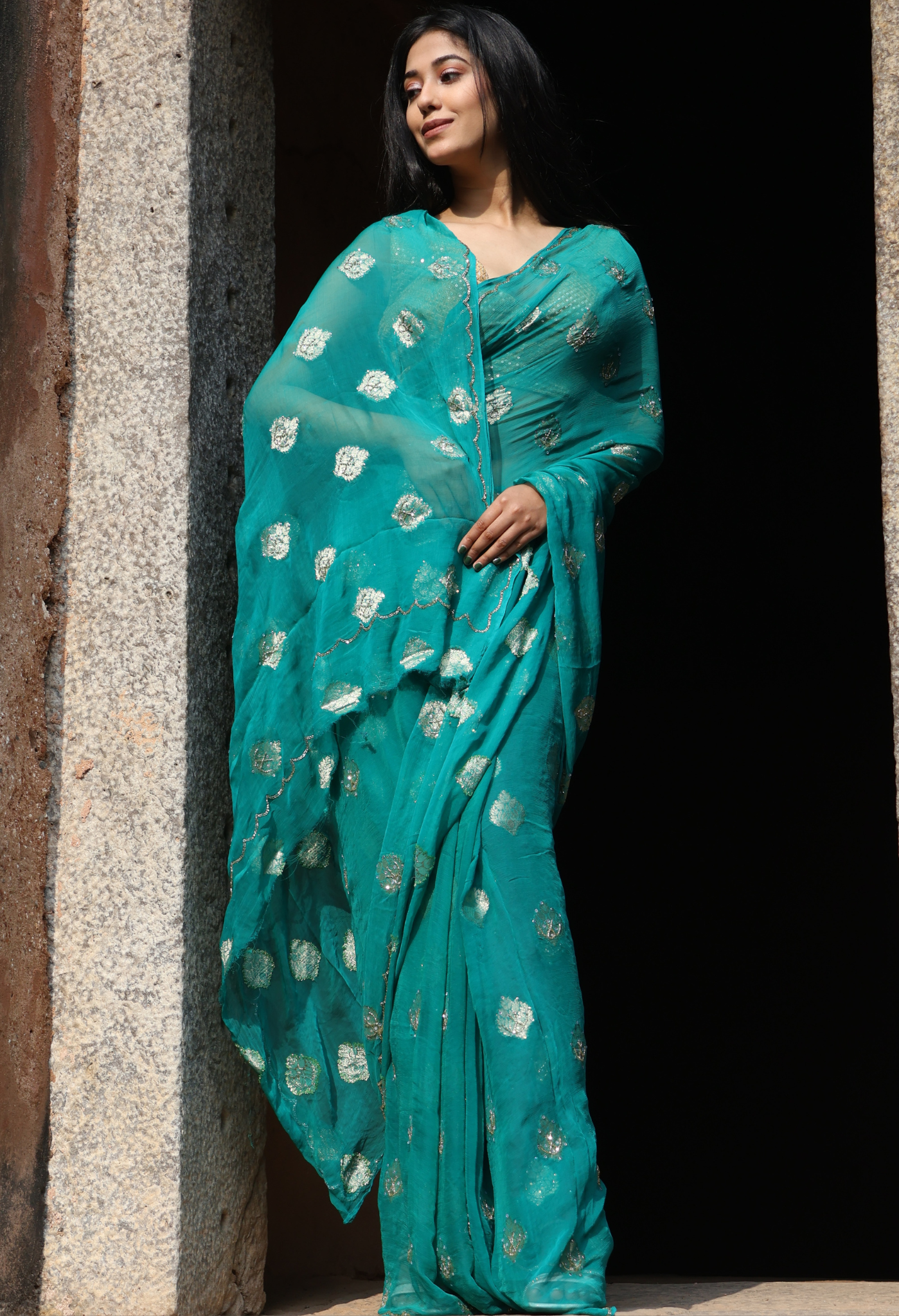 Regal Sea Green Banarasi Brocade Chiffon saree design showcasing festive wear elegance, styled as casual saree, party wear saree, and timeless trousseau saree.