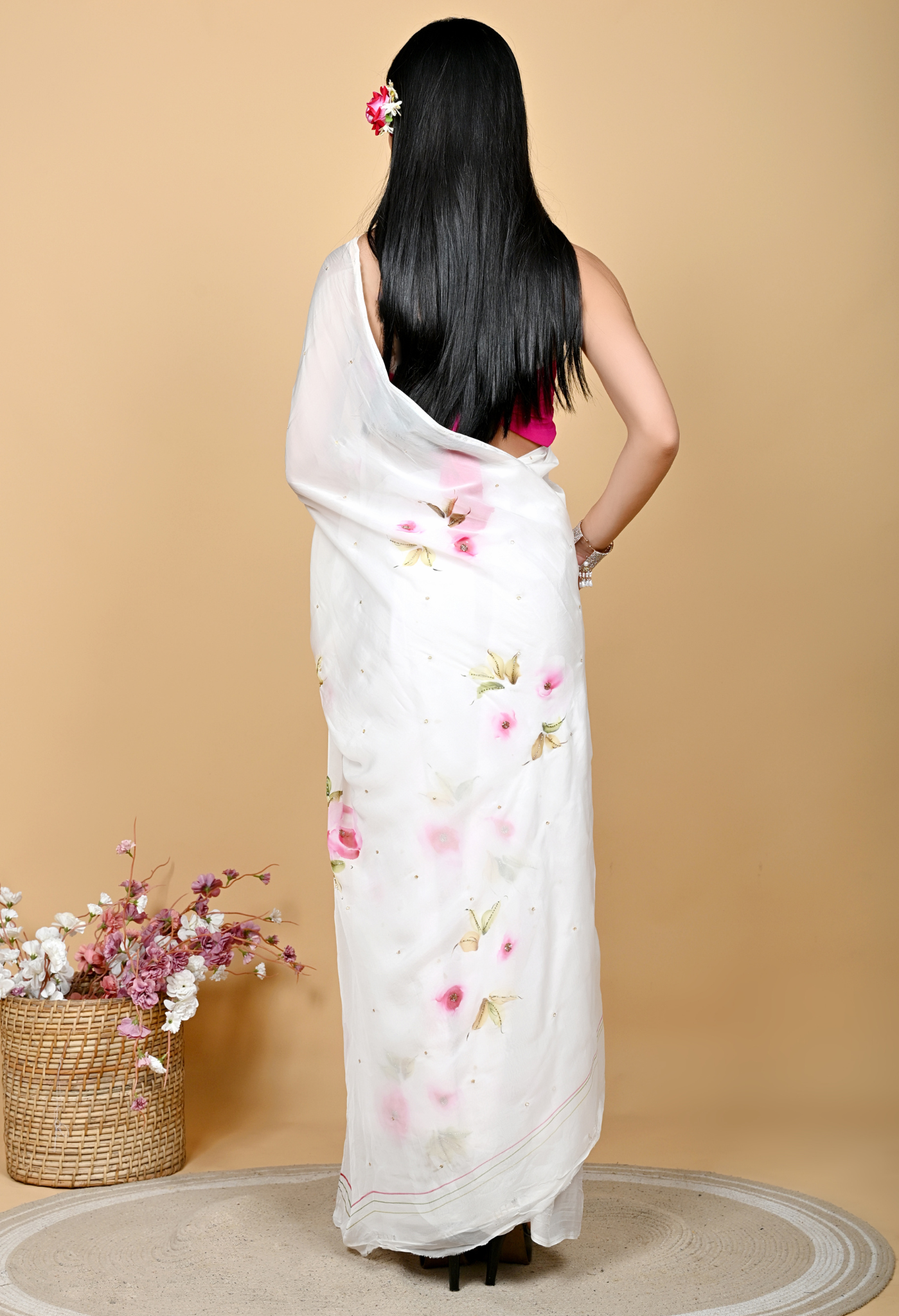 Cheeky Rose Hand Painted chiffon leheriya saree for festive wear, trousseau saree, or farewell saree for timeless pre-wedding collection looks.