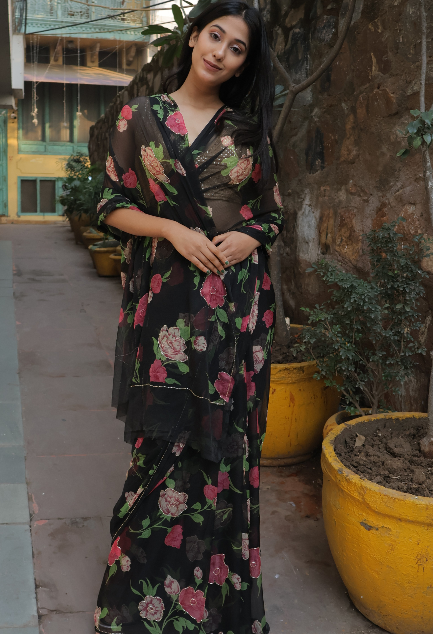 Ash Black Floral Chiffon Saree with cut dana Detailing design showcasing festive wear elegance, styled as casual saree, party wear saree, and timeless trousseau saree.