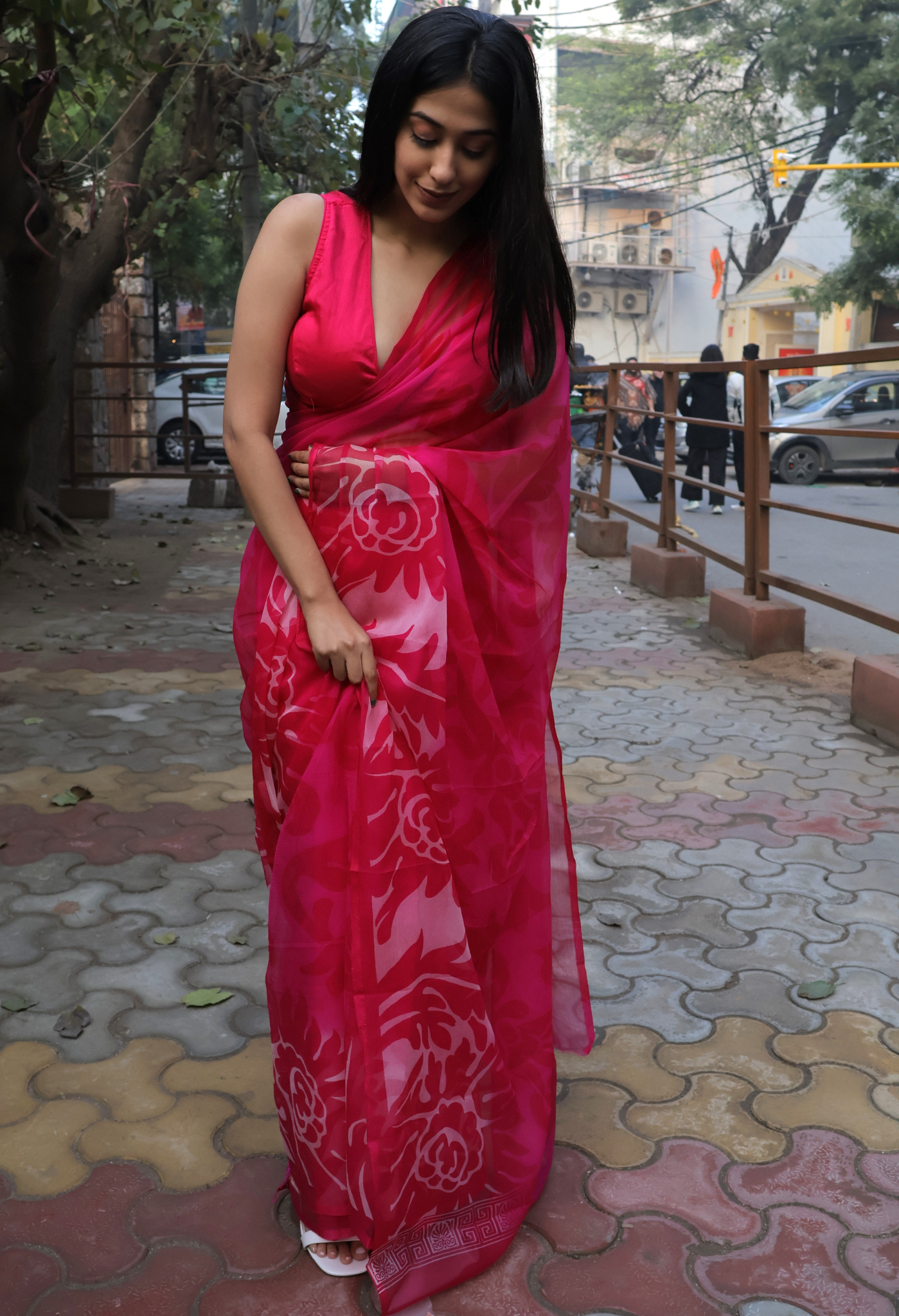 Ruby Pink Printed Chiffon Saree