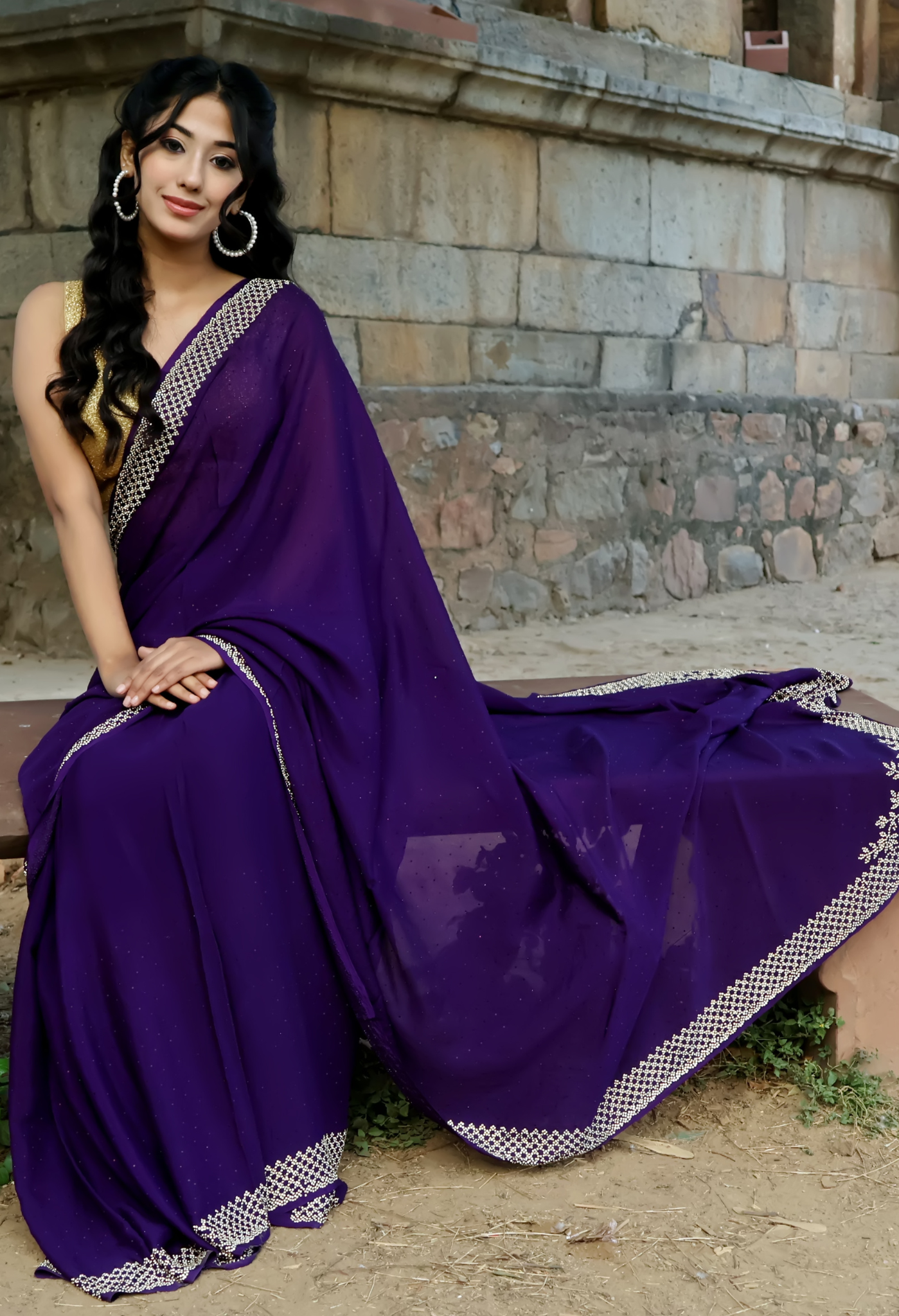 Elegant Rich Purple Swarovski Heavy Embellished chiffon leheriya saree for festive wear, trousseau saree, or farewell saree for timeless pre-wedding collection looks.