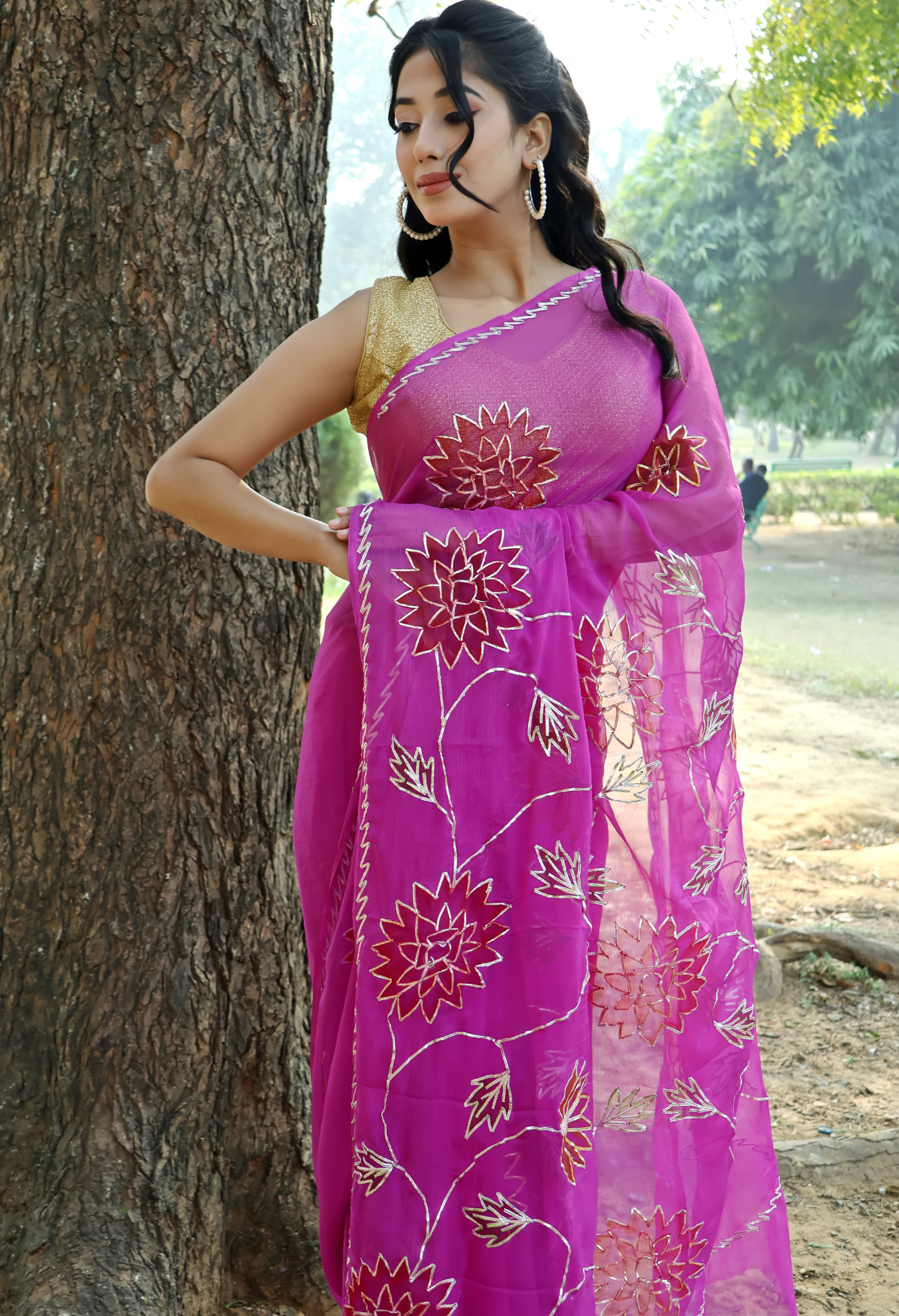 Purple Razzle Hand Painted Gota chiffon saree styled as festive wear, daily wear saree, and party wear saree.