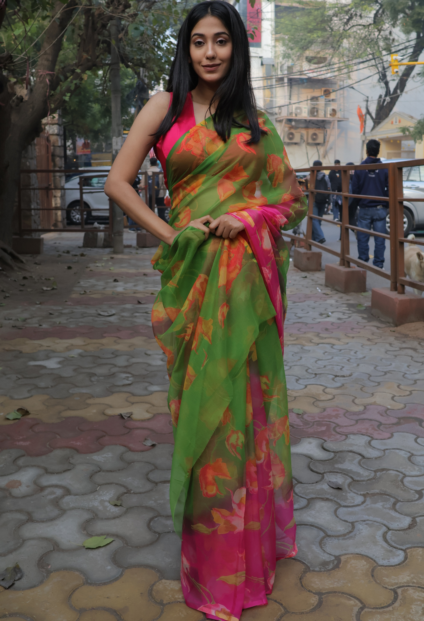 Lime Candy Floral Printed Chiffon Saree