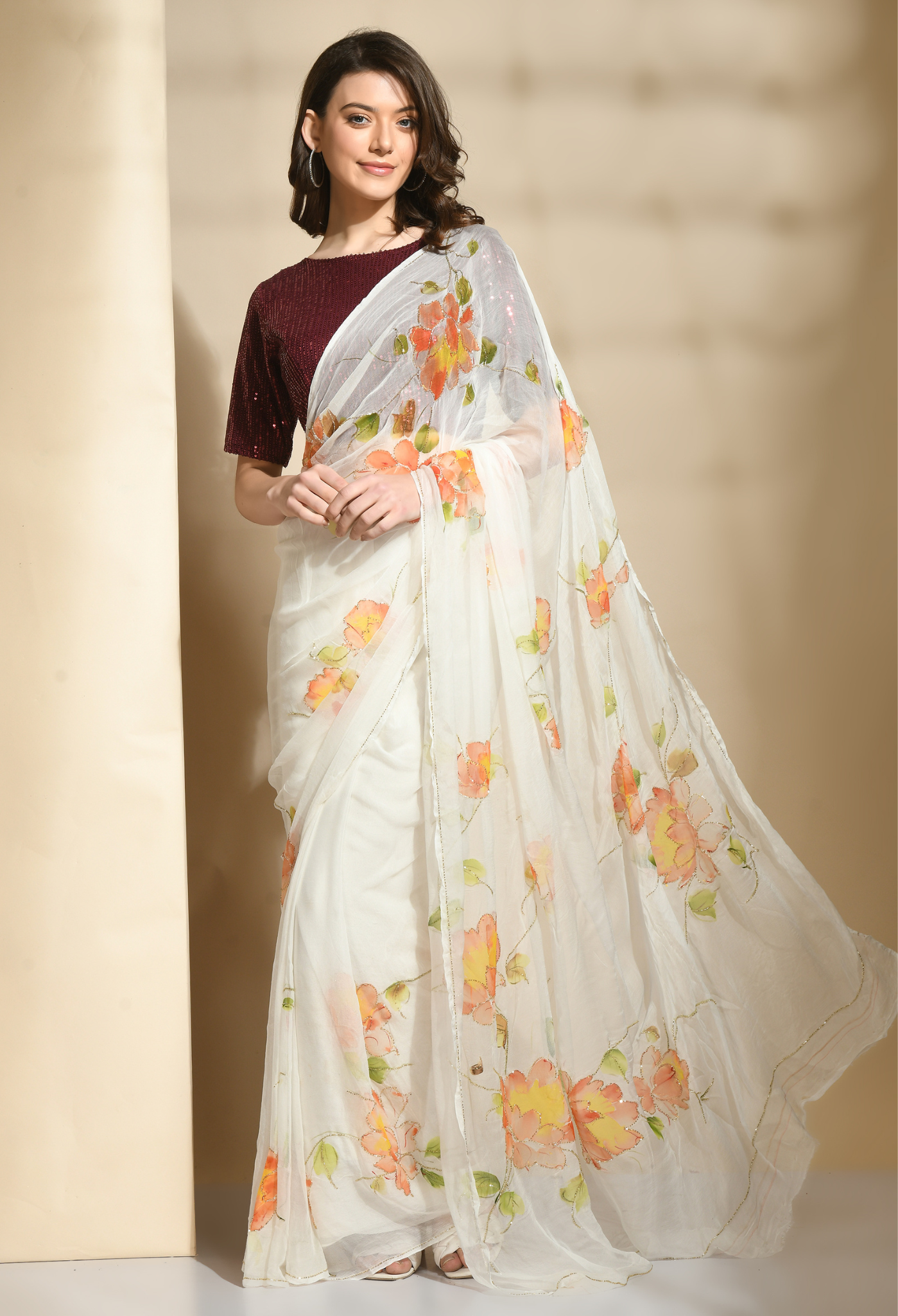 Peony Floral Hand Painted Organza saree for festive wear, trousseau saree, or farewell saree for timeless pre-wedding collection looks.