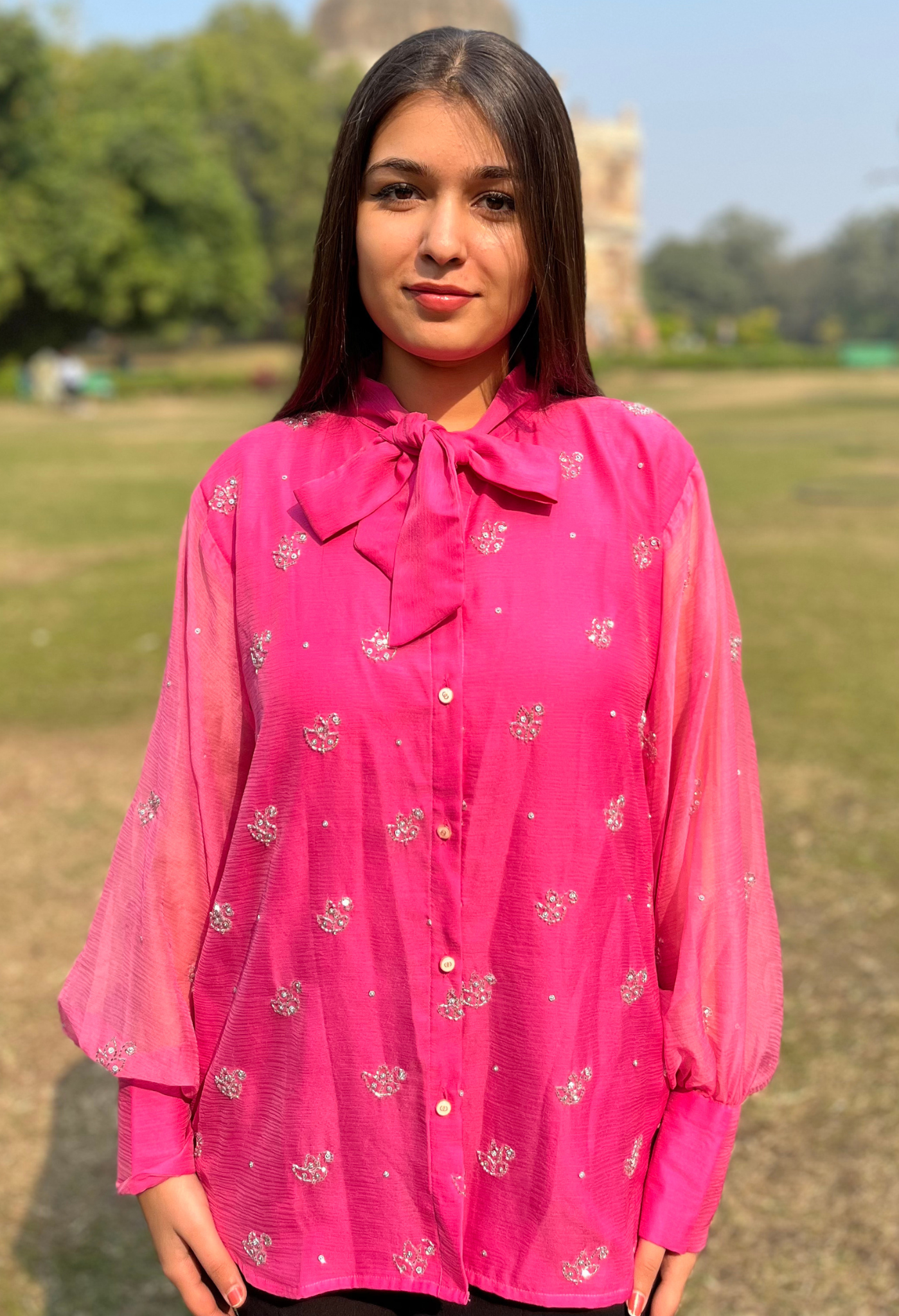 Hot Pink Chiffon Embellished Bow Shirt