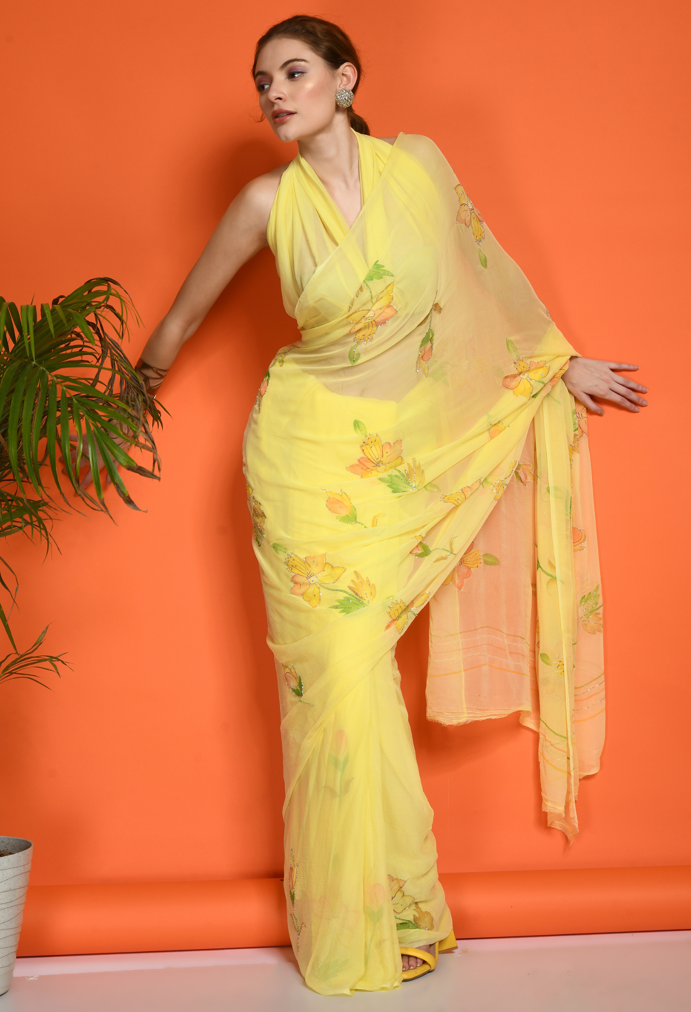 Daffodil Hand Painted Pure Chiffon Saree