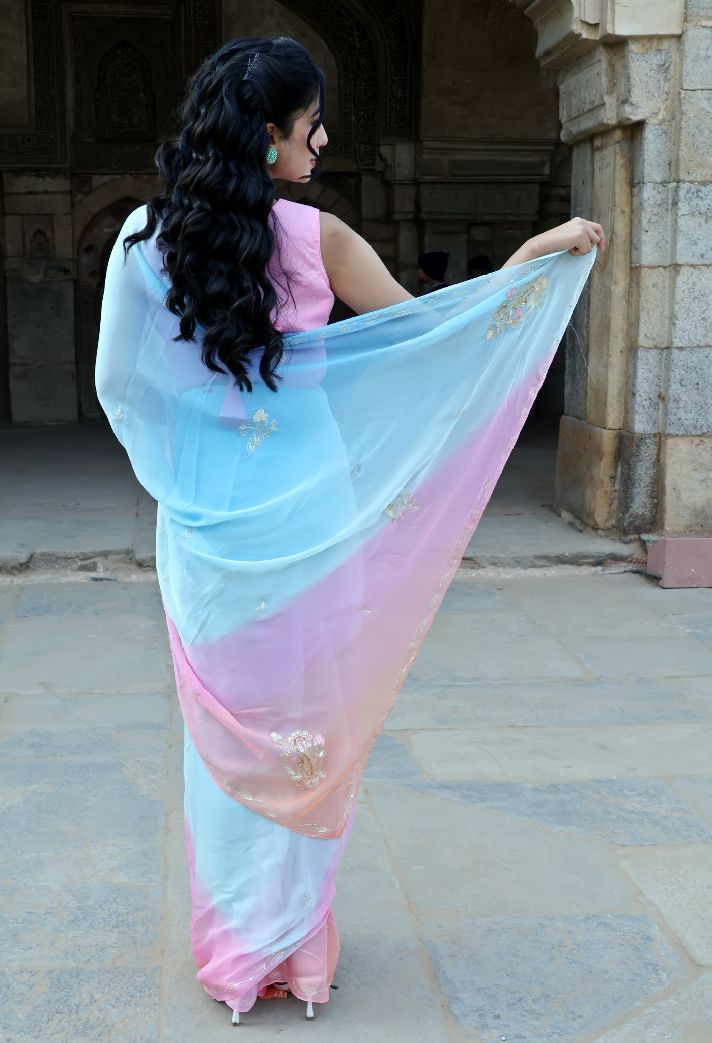 Alice Blue Hue Embroidered Pure Chiffon Saree