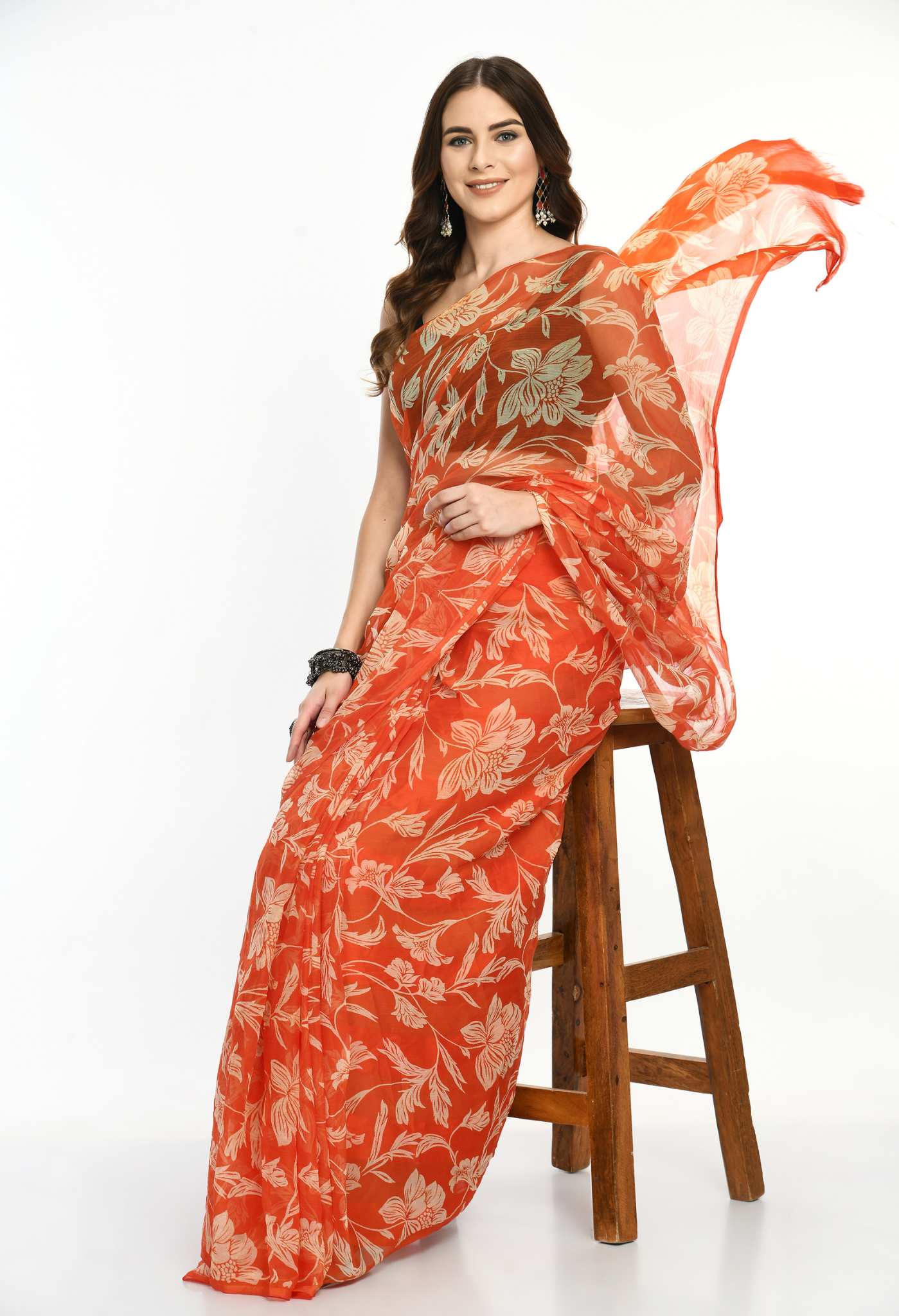 Charmacy Printed Orange Chiffon Saree
