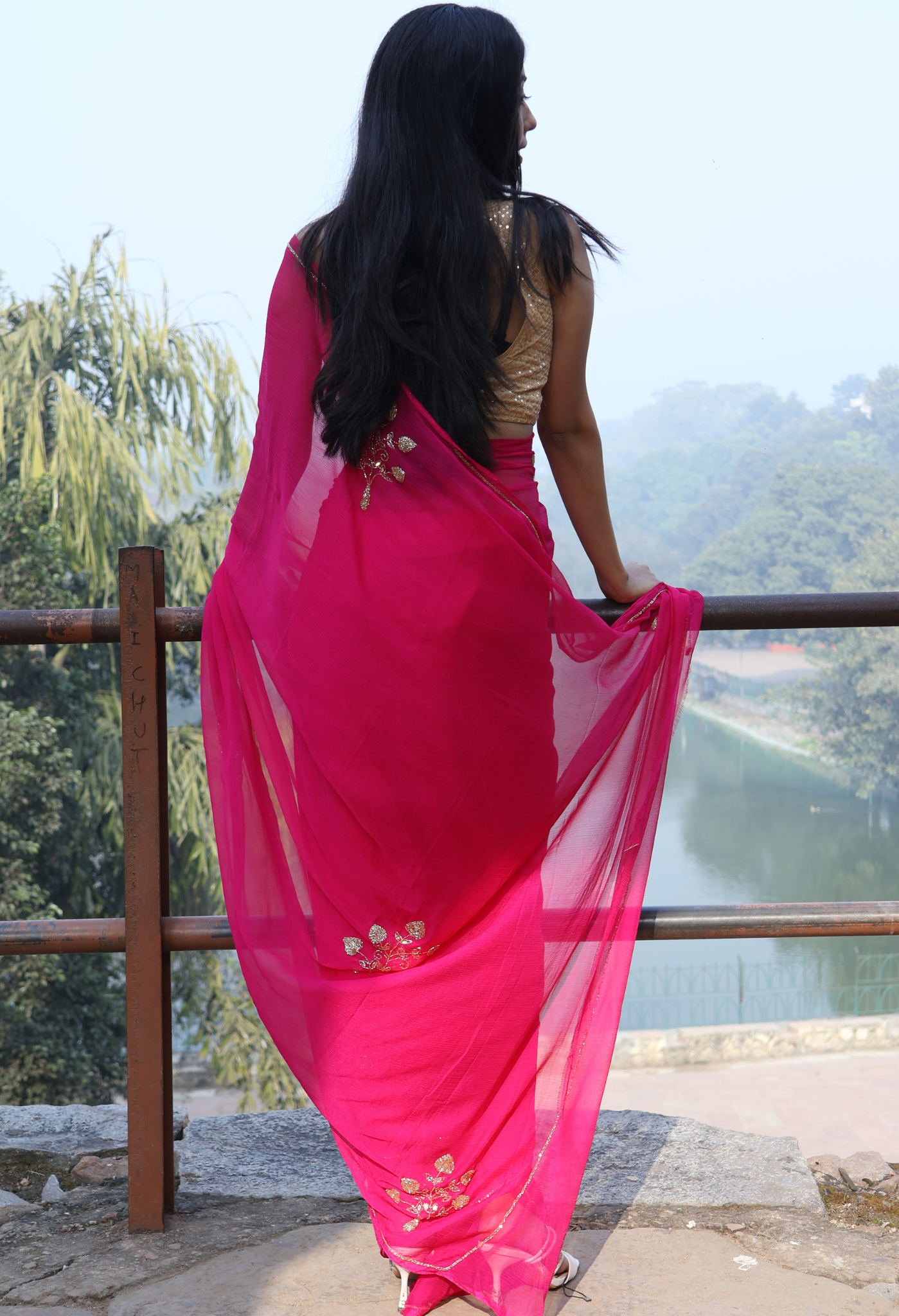 Elegant Hot Pink Embellished chiffon leheriya saree for festive wear, trousseau saree, or farewell saree for timeless pre-wedding collection looks.