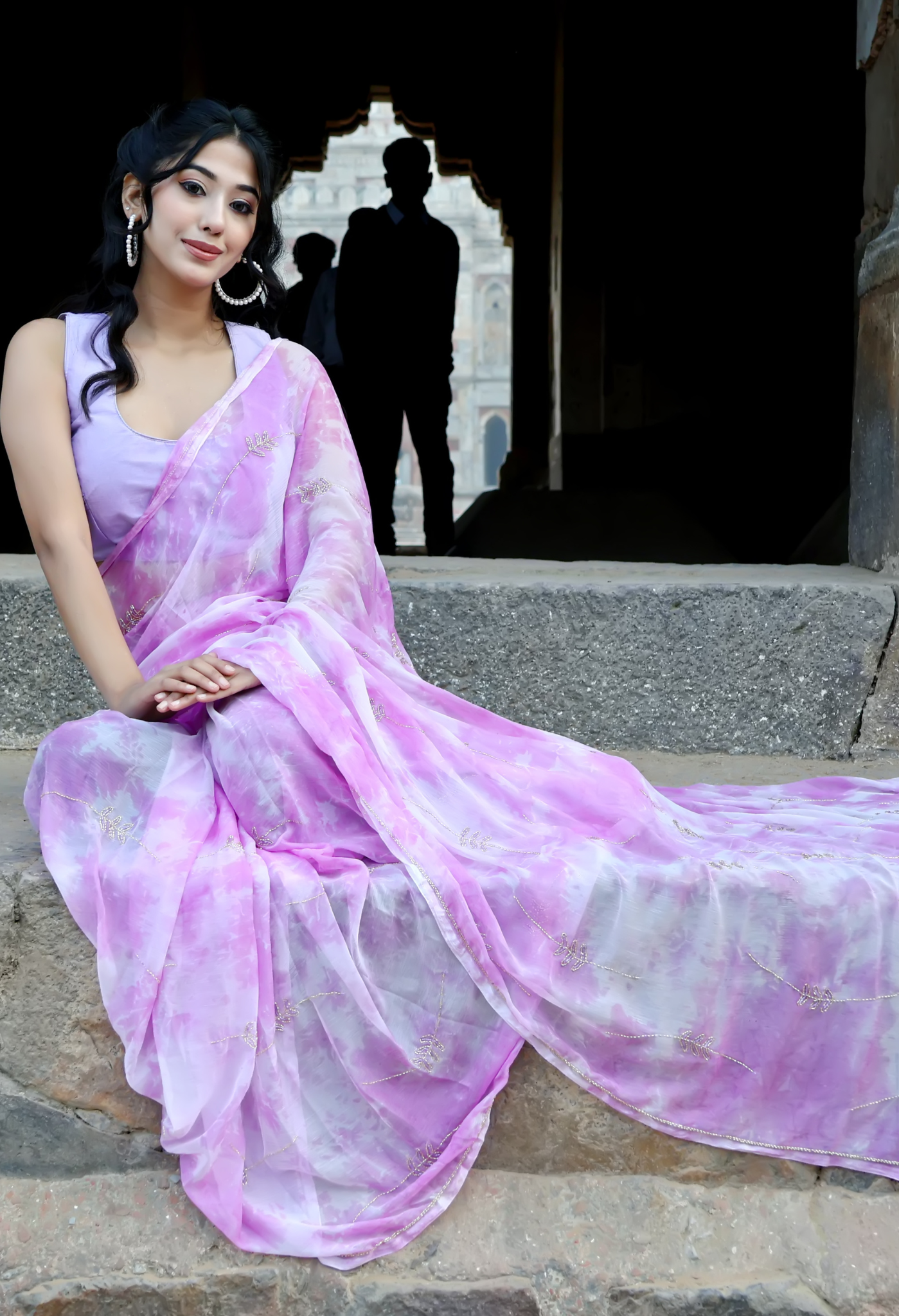 Rosey Lavender Embellished chiffon saree styled as festive wear, daily wear saree, and party wear saree, a versatile trousseau saree for weddings.