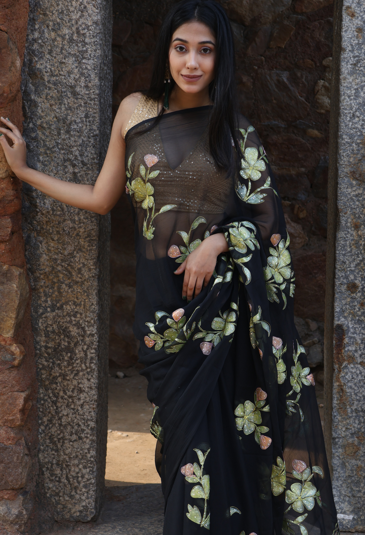 Shadow Black Hand Painted Chiffon Saree