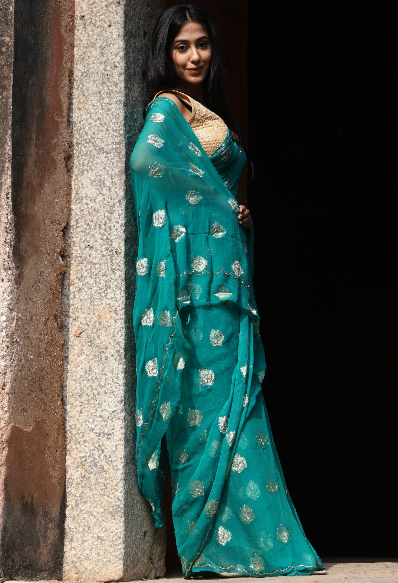 Regal Sea Green Banarasi Brocade Chiffon saree design showcasing festive wear elegance, styled as casual saree, party wear saree, and timeless trousseau saree.