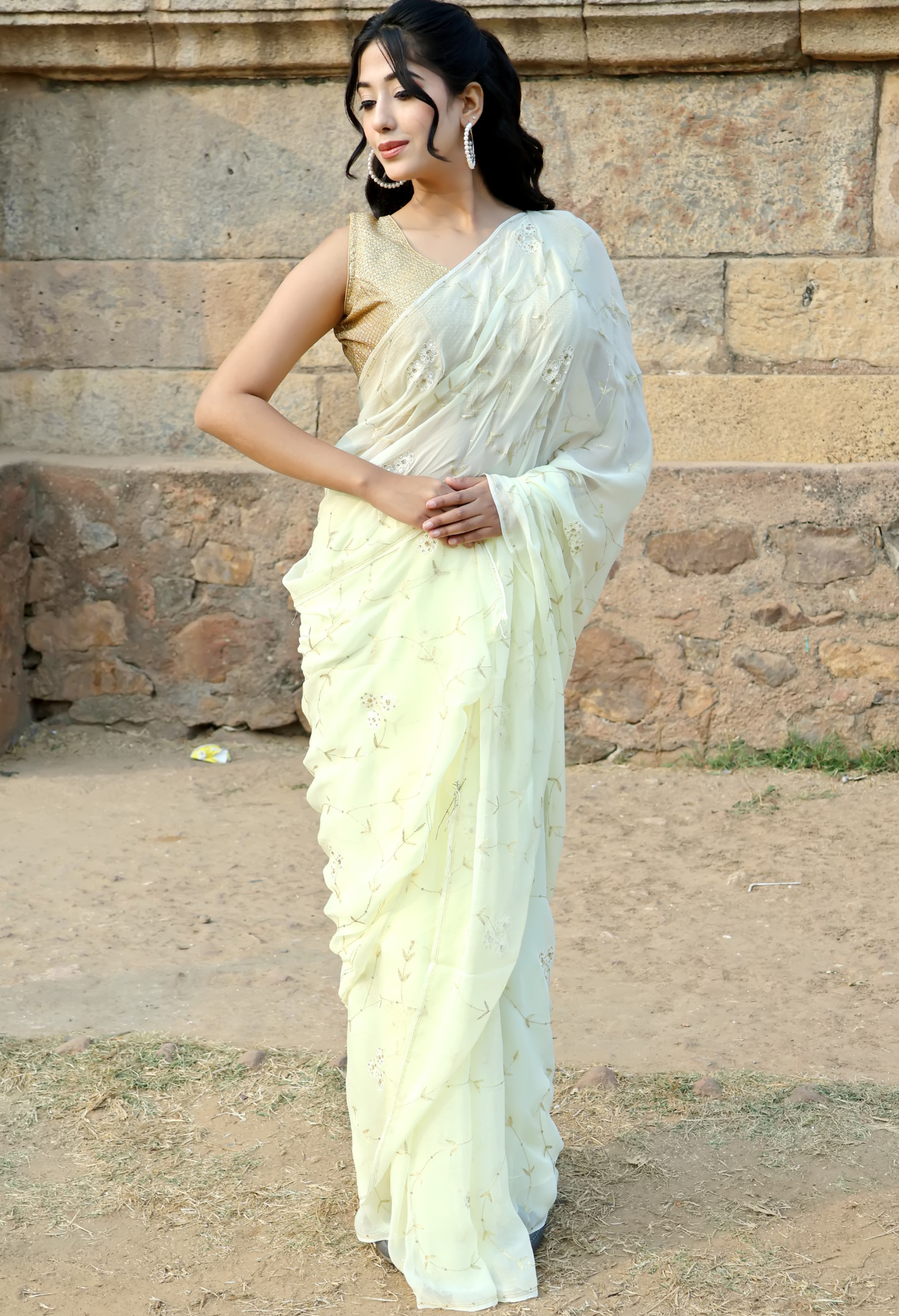 Elegant chiffon saree styled as festive wear, daily wear saree, and party wear saree, a versatile trousseau saree for weddings.