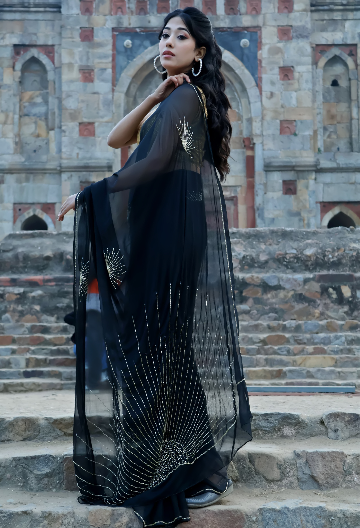 Moon Light Midnight chiffon saree styled as festive wear, daily wear saree, and party wear saree, a versatile trousseau saree for weddings.